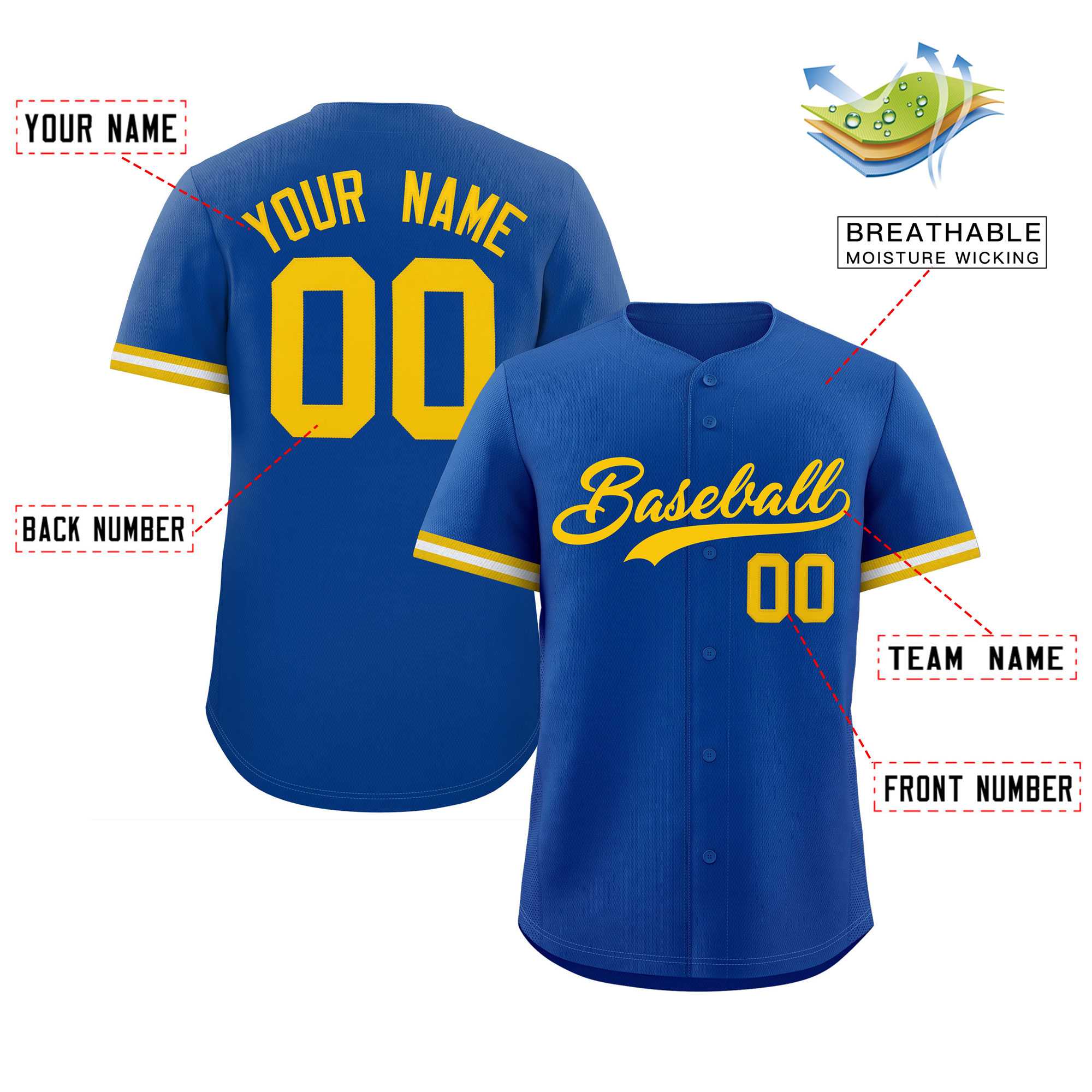 Custom Royal Gold Full Button Design Authentic Baseball Jersey