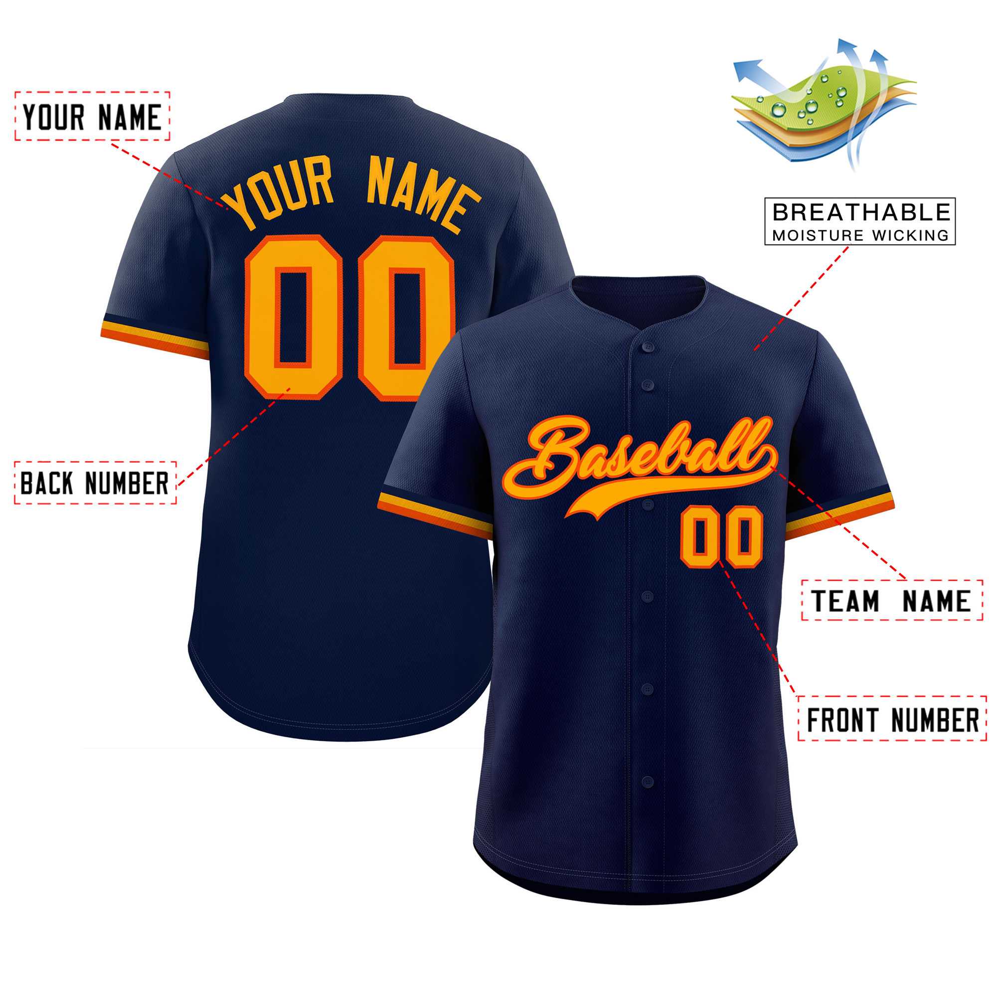 Custom Navy Gold Full Button Design Authentic Baseball Jersey