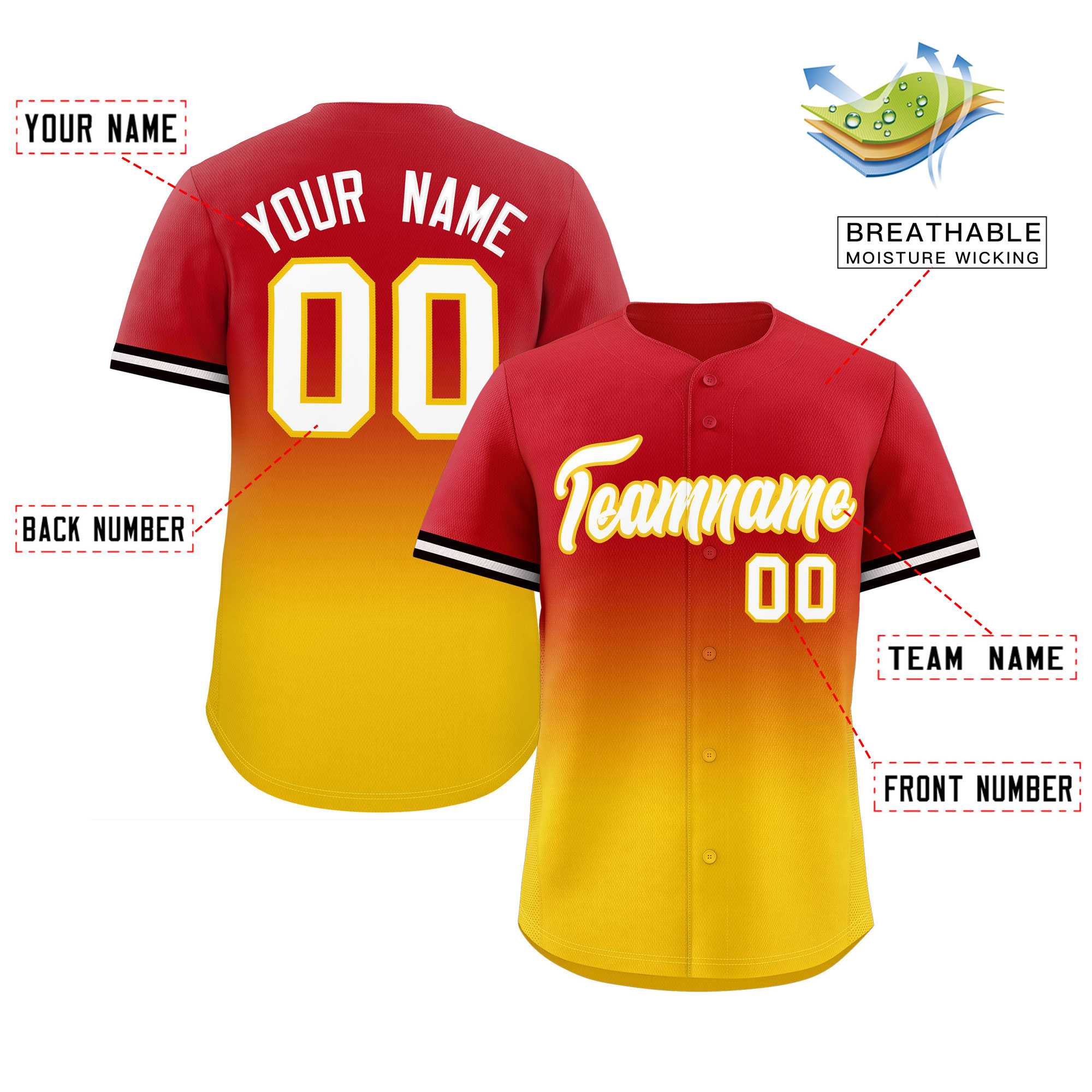 Custom Red Gold Full Button Design Gradient Fashion Authentic Baseball Jersey