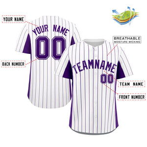 Custom White Purple Stripe Fashion Design Full Button Authentic Baseball Jersey