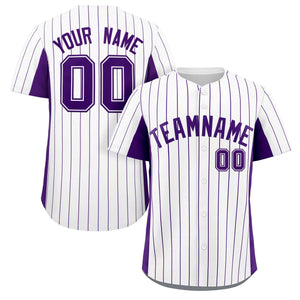 Custom White Purple Stripe Fashion Design Full Button Authentic Baseball Jersey