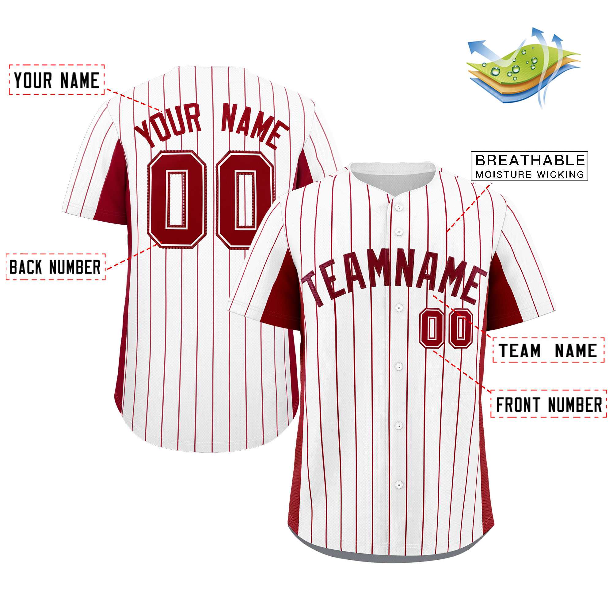 Custom White Crimson Stripe Fashion Design Full Button Authentic Baseball Jersey