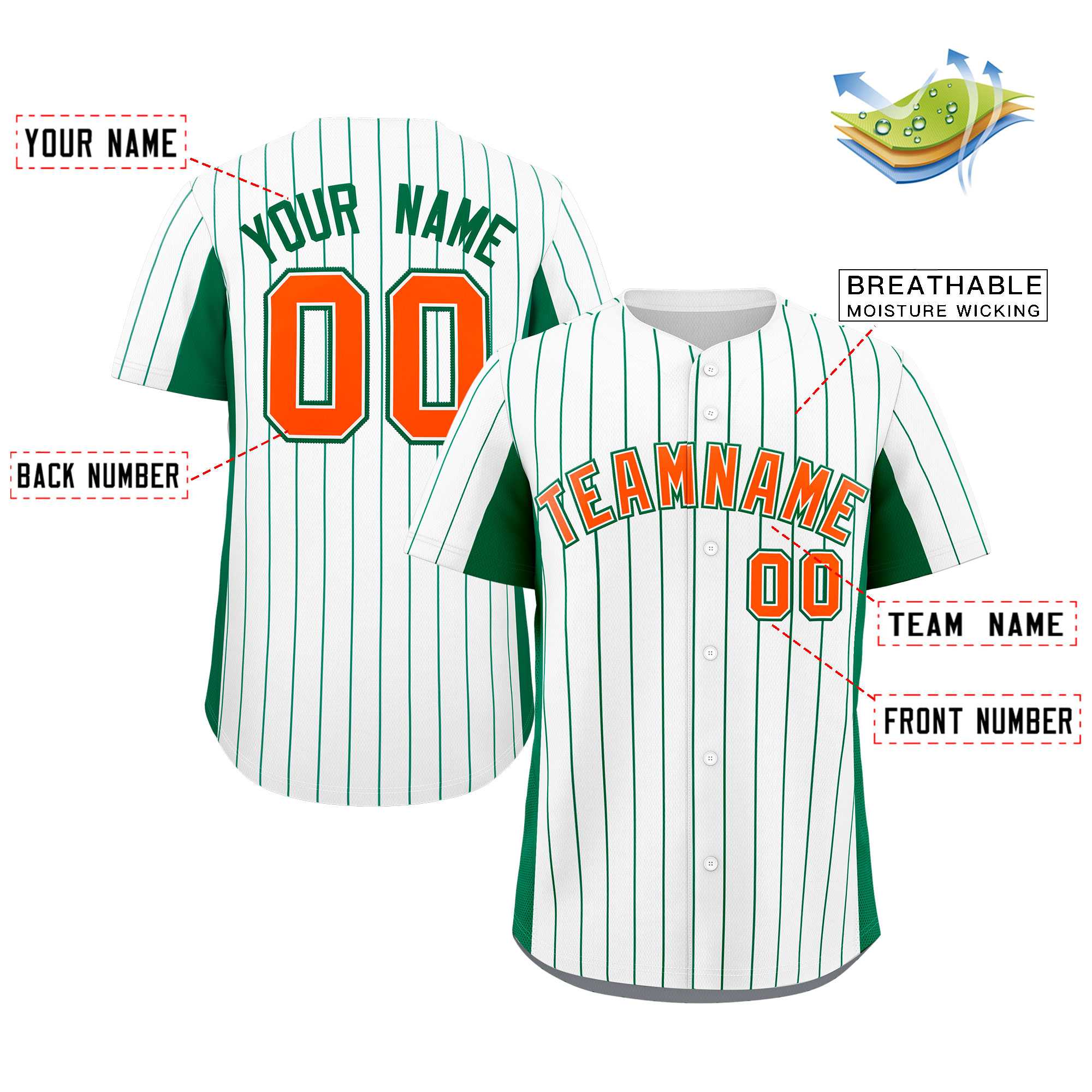 Custom White Kelly Green-Orange Stripe Fashion Design Full Button Authentic Baseball Jersey