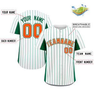 Custom White Kelly Green-Orange Stripe Fashion Design Full Button Authentic Baseball Jersey