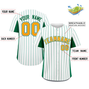 Custom White Kelly Green-Gold Stripe Fashion Design Full Button Authentic Baseball Jersey