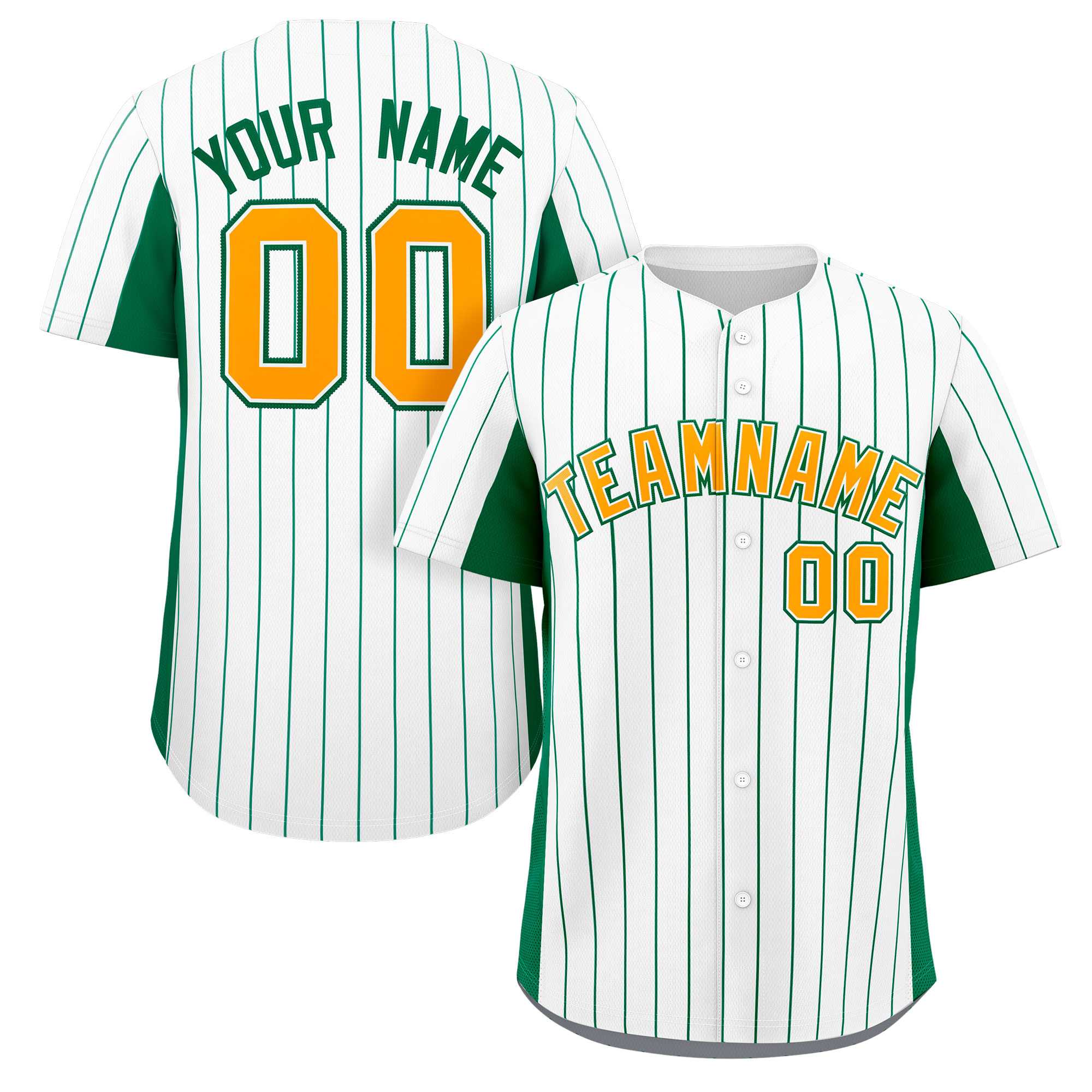 Custom White Kelly Green-Gold Stripe Fashion Design Full Button Authentic Baseball Jersey