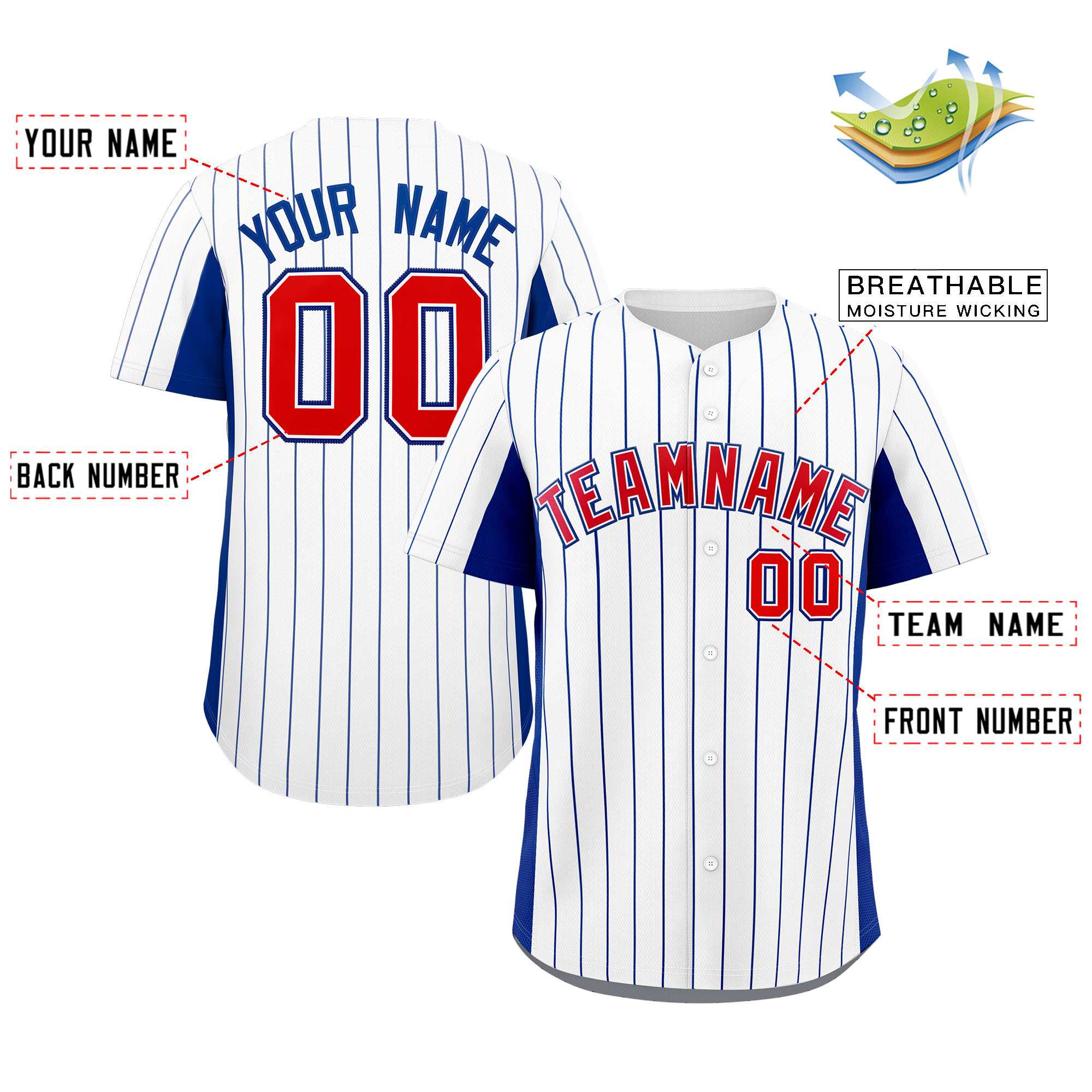 Custom White Royal-Red Stripe Fashion Design Full Button Authentic Baseball Jersey