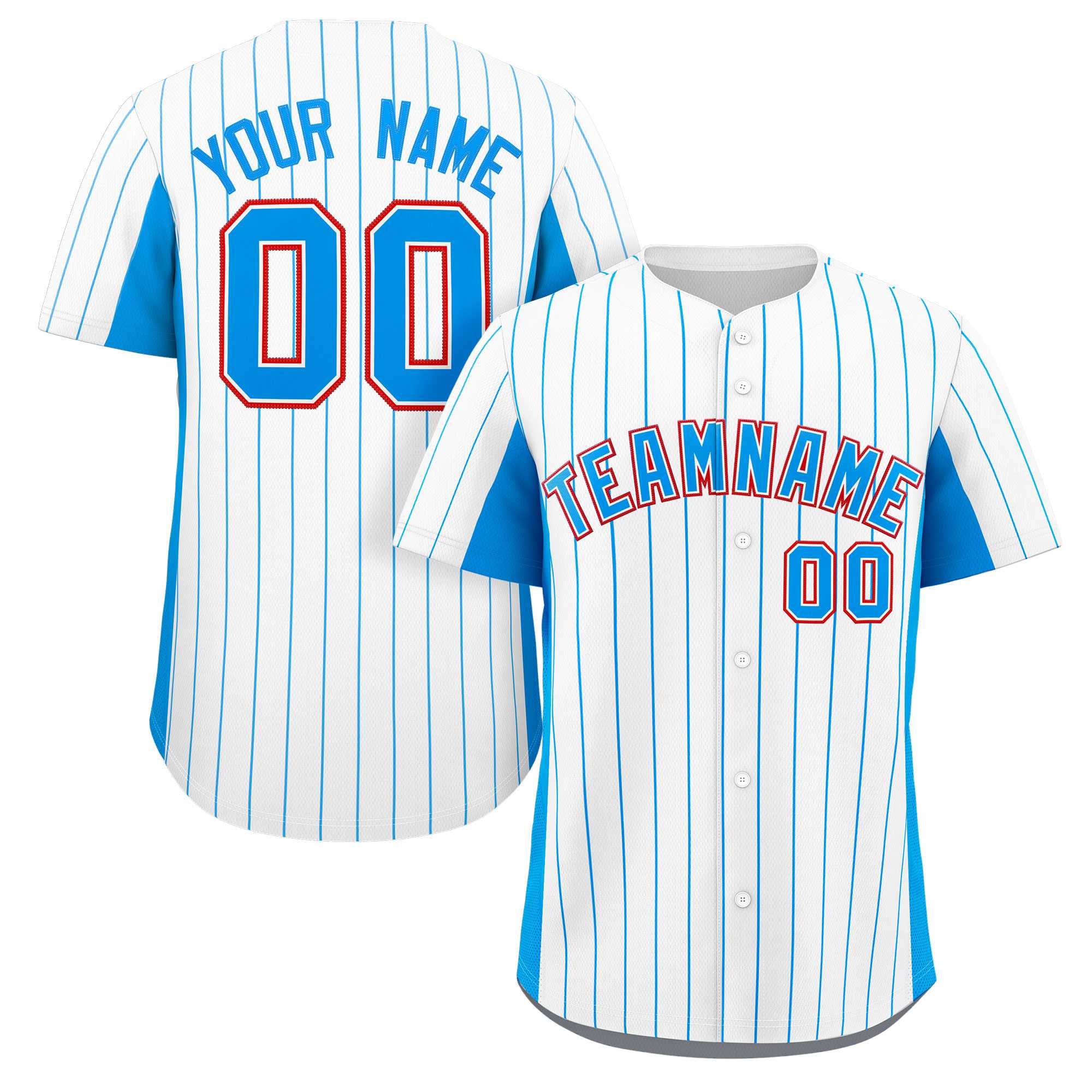 Custom White Powder Blue Stripe Fashion Design Full Button Authentic Baseball Jersey