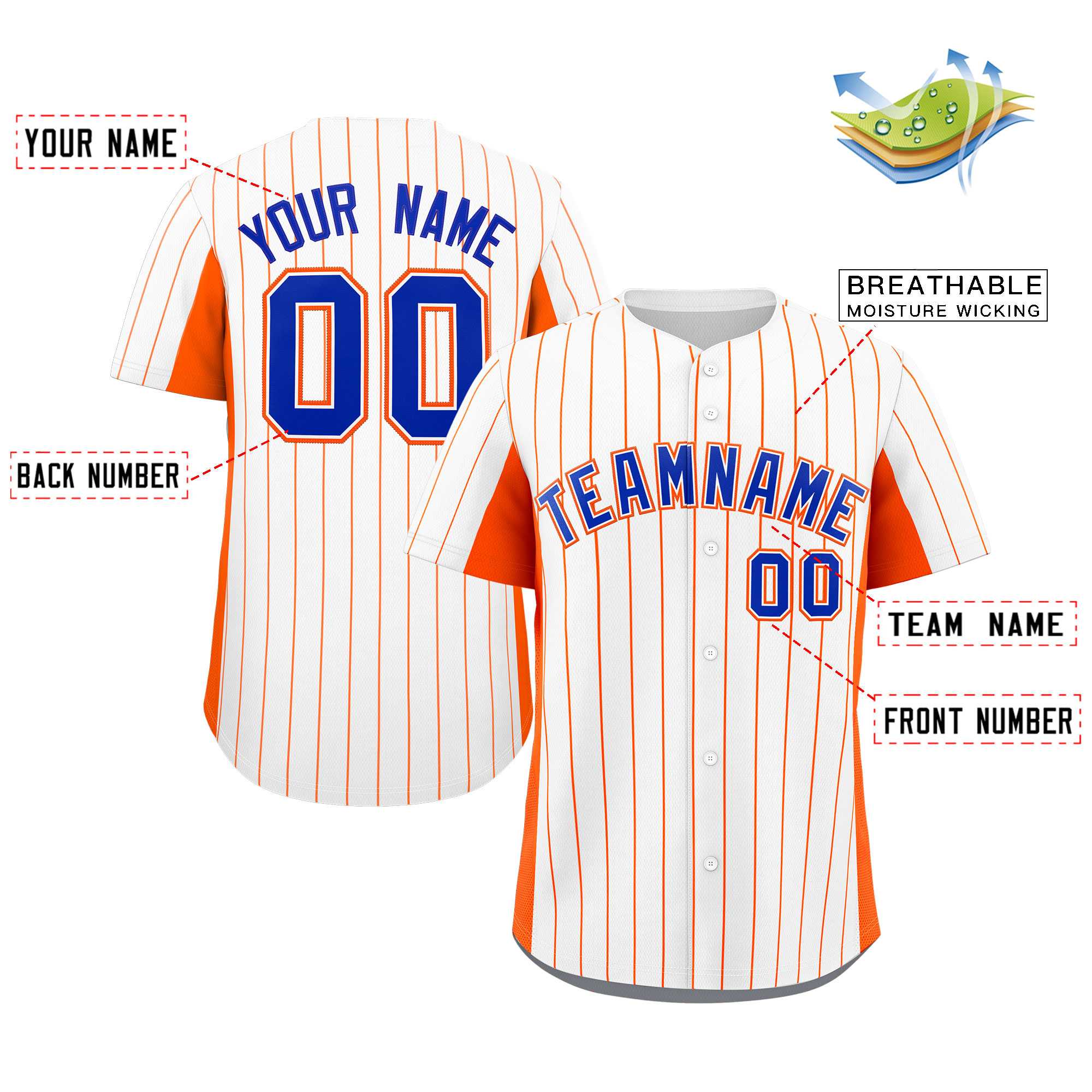 Custom White Orange-Royal Stripe Fashion Design Full Button Authentic Baseball Jersey