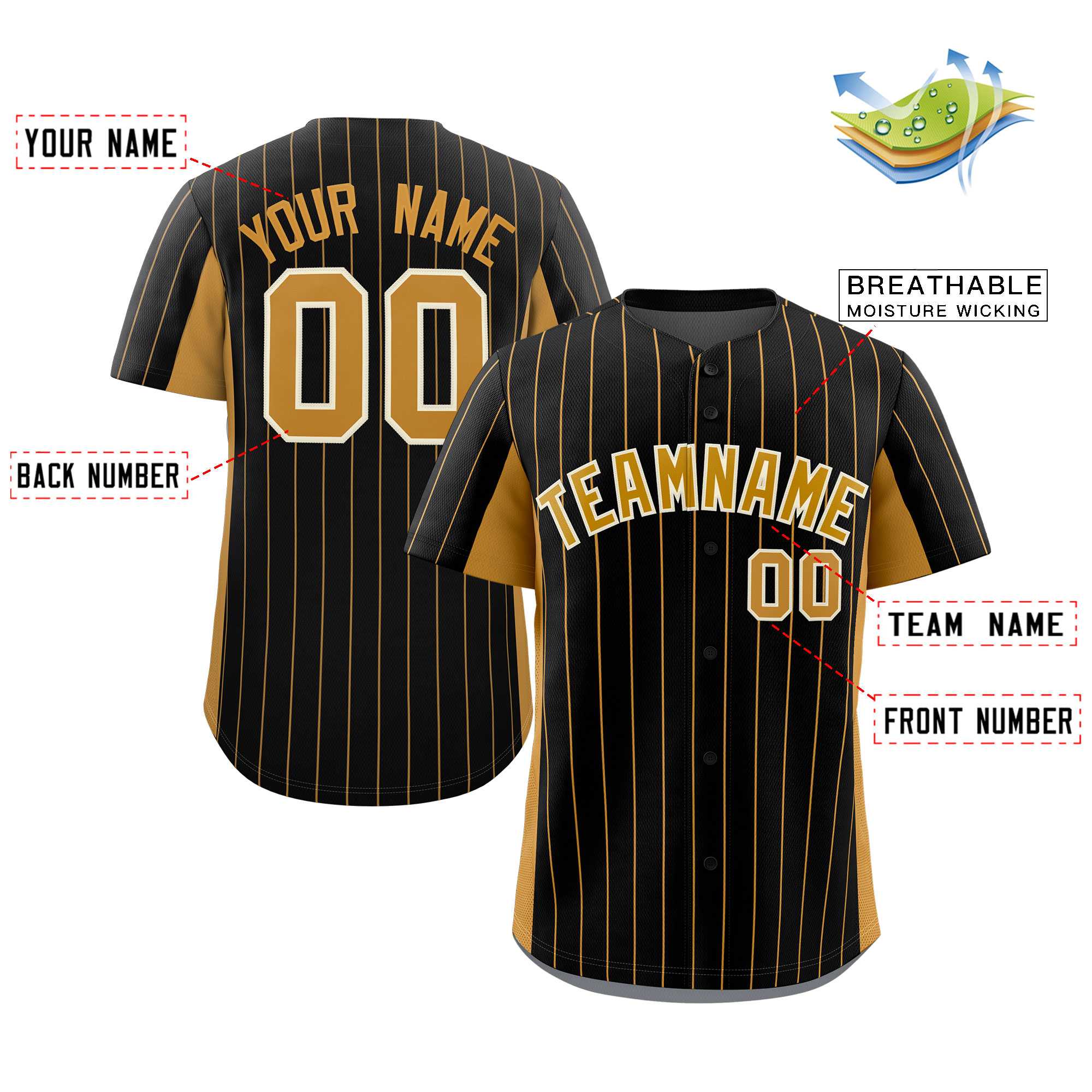 Custom Black Old Gold Stripe Fashion Design Full Button Authentic Baseball Jersey