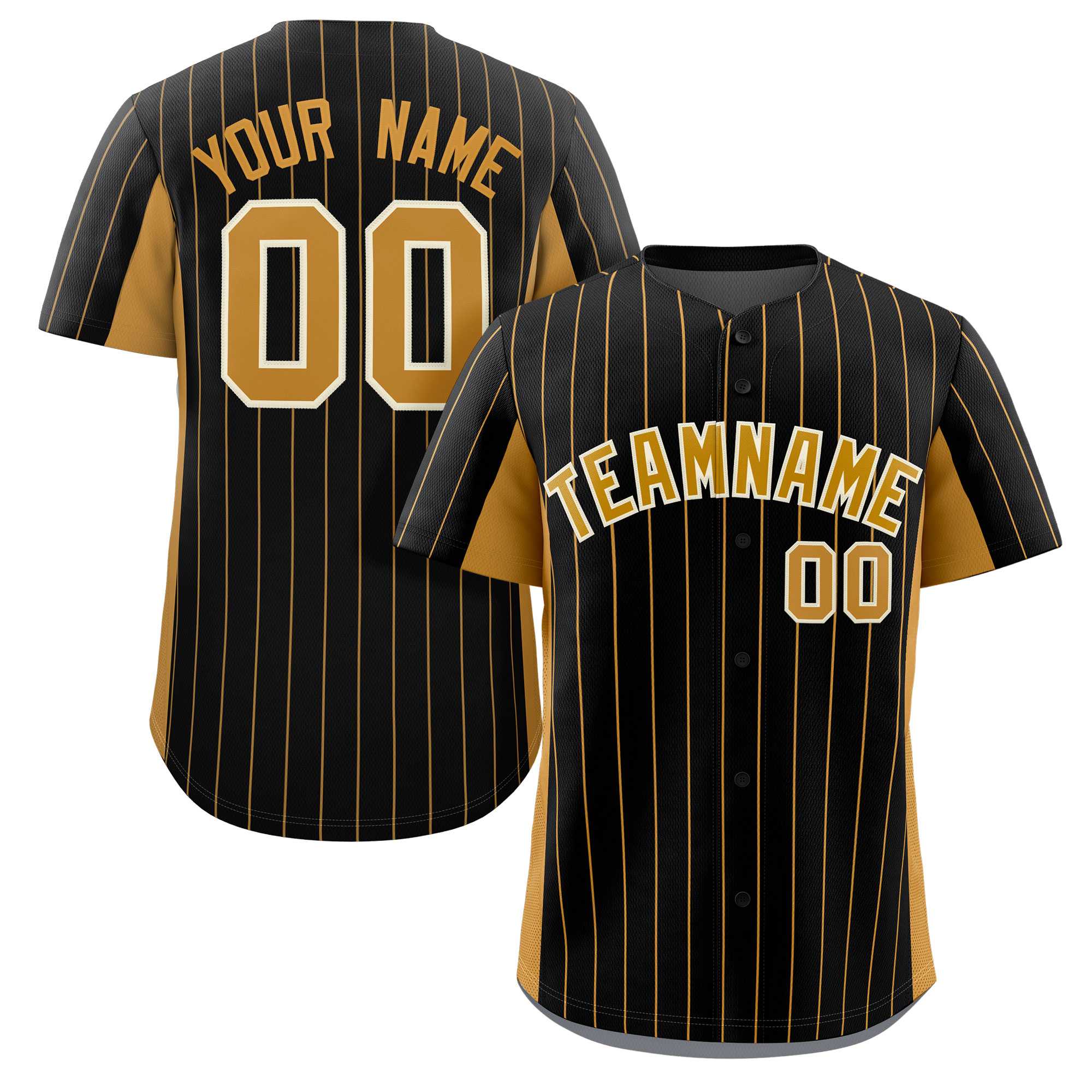 Custom Black Old Gold Stripe Fashion Design Full Button Authentic Baseball Jersey