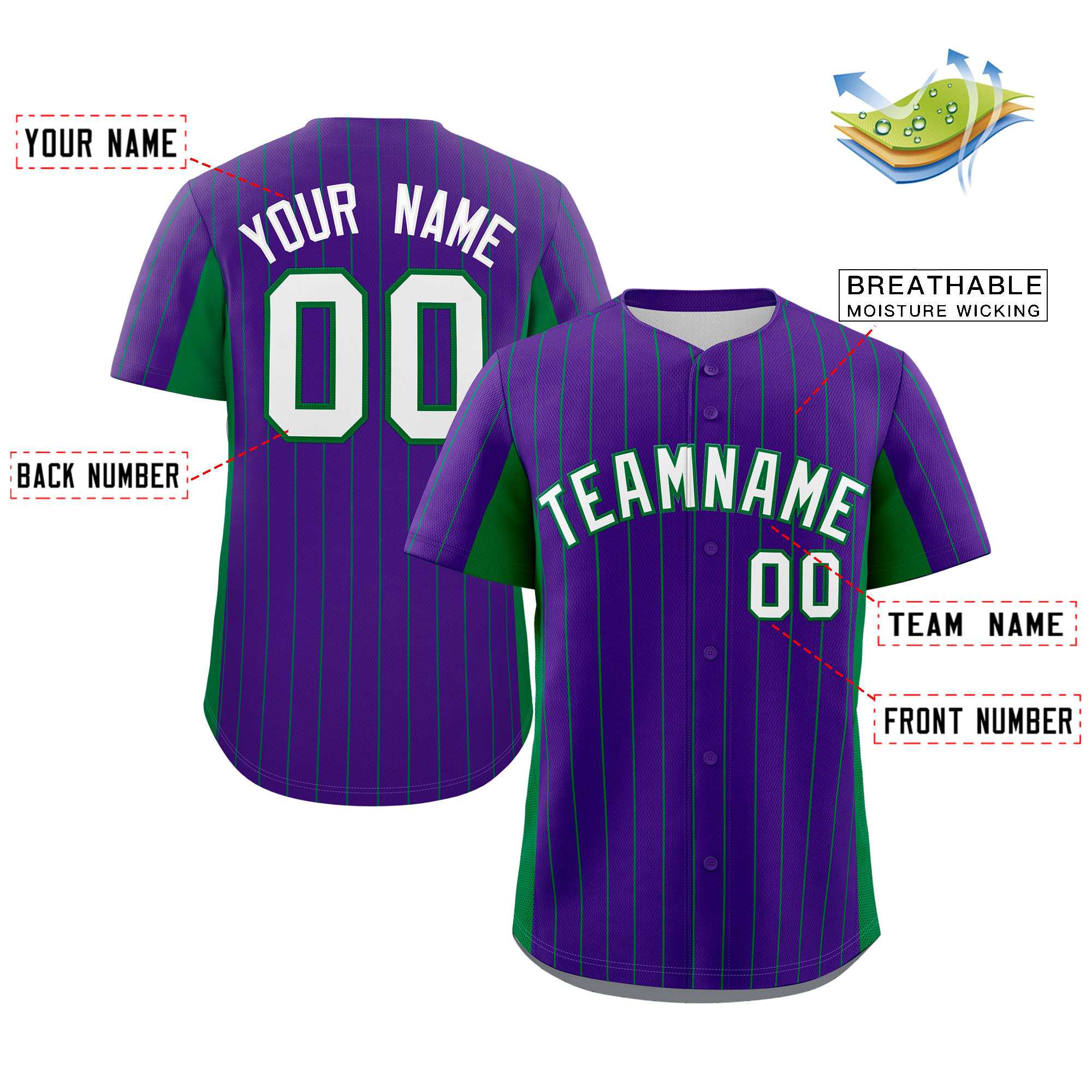 Custom Purple Kelly Green-White Stripe Fashion Design Full Button Authentic Baseball Jersey