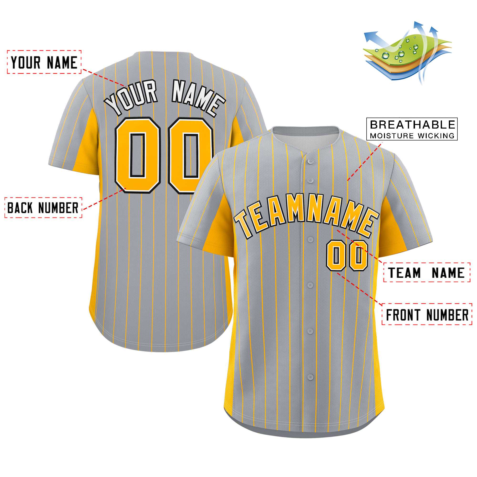 Custom Gray Gold Stripe Fashion Design Full Button Authentic Baseball Jersey