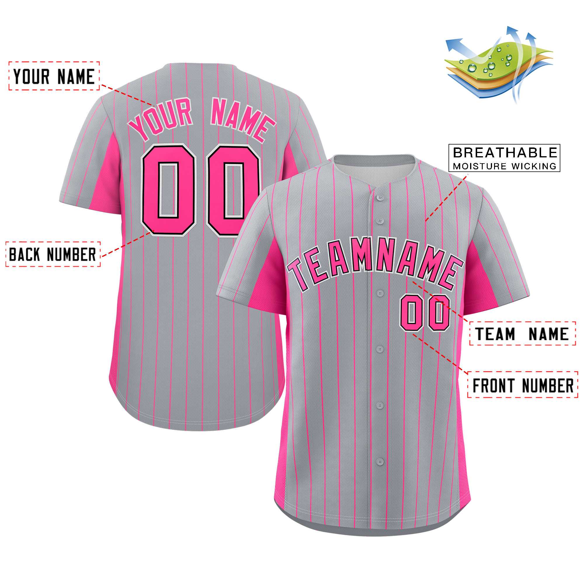 Custom Gray Pink Stripe Fashion Design Full Button Authentic Baseball Jersey