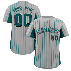 Custom Gray Midnight Green Stripe Fashion Design Full Button Authentic Baseball Jersey