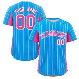 Custom Powder Blue Pink Stripe Fashion Design Full Button Authentic Baseball Jersey