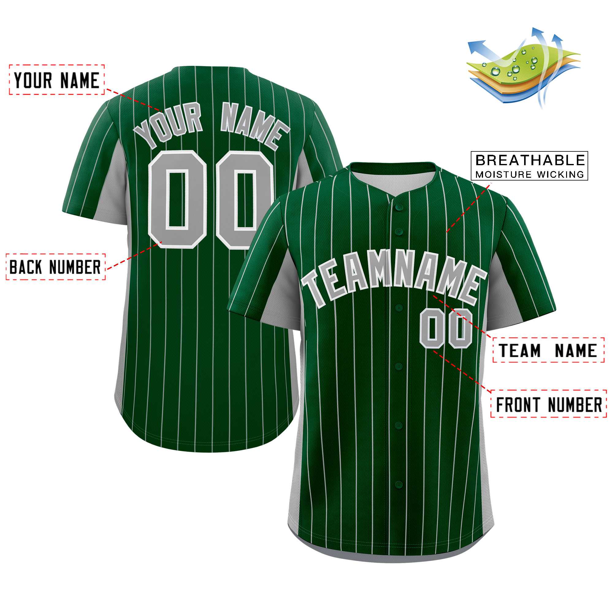 Custom Green Gray Stripe Fashion Design Full Button Authentic Baseball Jersey