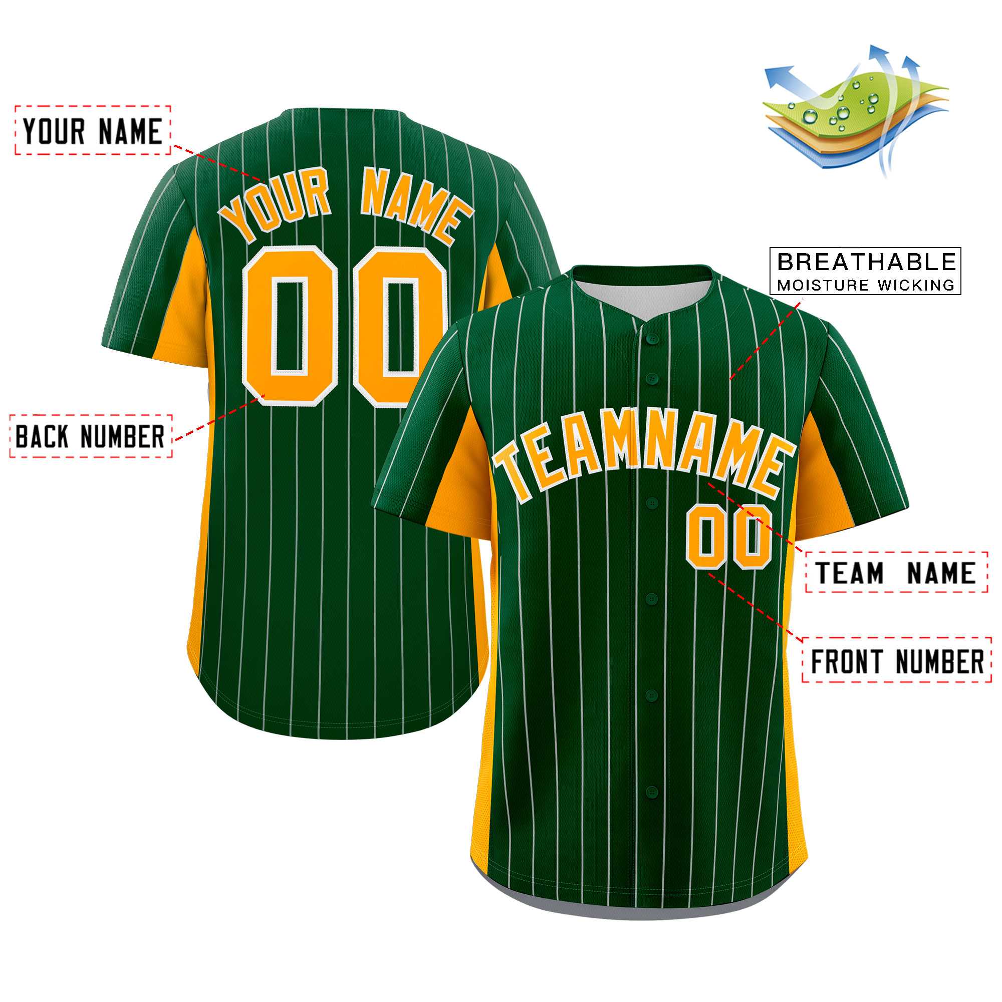 Custom Green Yellow Stripe Fashion Design Full Button Authentic Baseball Jersey