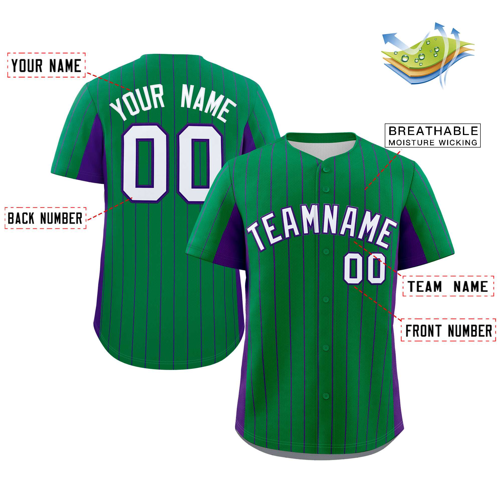 Custom Kelly Green Purple-White Stripe Fashion Design Full Button Authentic Baseball Jersey