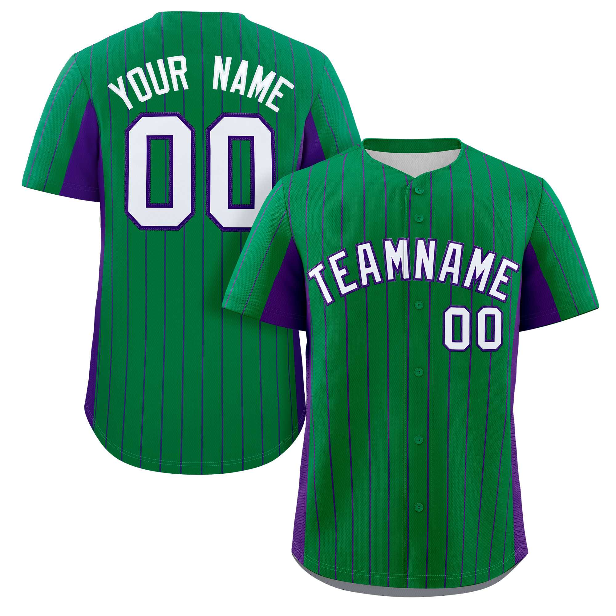 Custom Kelly Green Purple-White Stripe Fashion Design Full Button Authentic Baseball Jersey