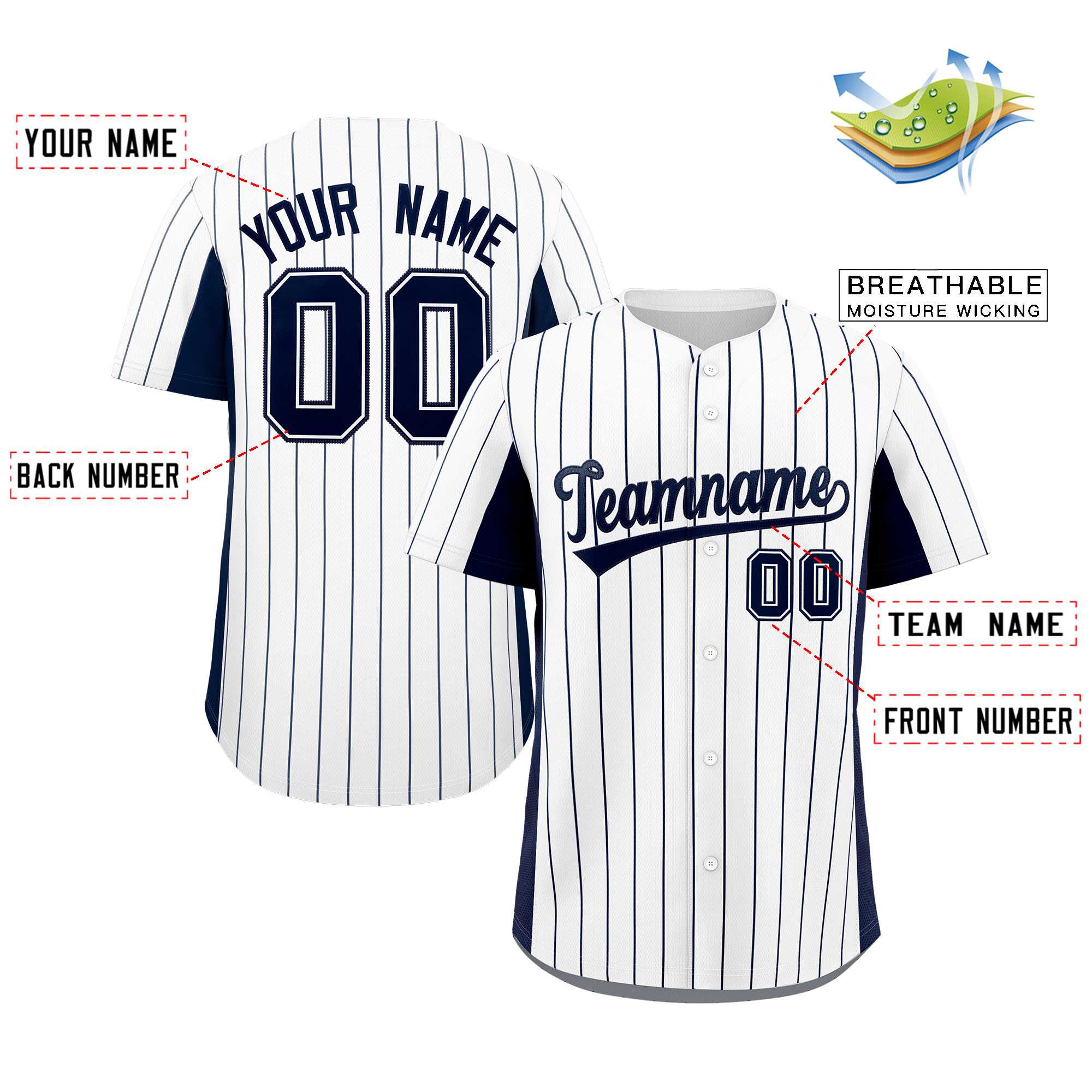 Custom White Navy Stripe Fashion Design Full Button Authentic Baseball Jersey