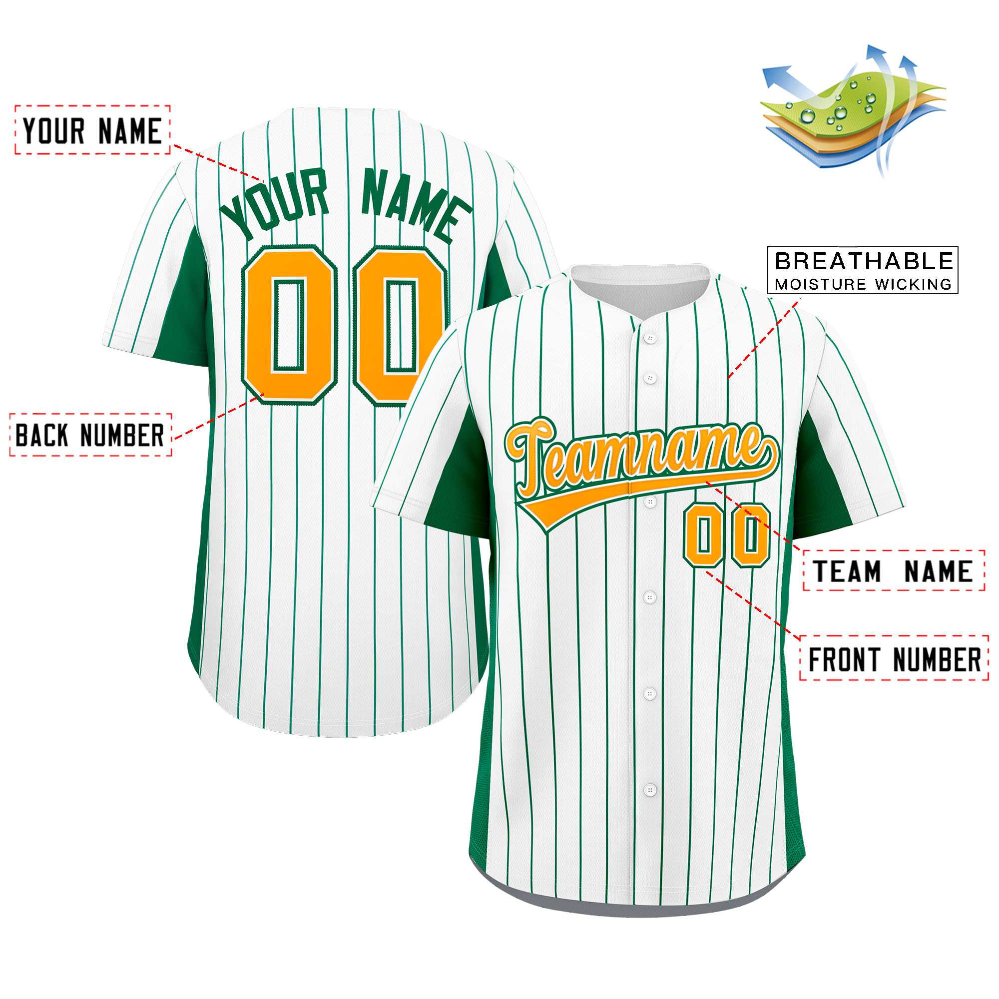 Custom White Kelly Green-Gold Stripe Fashion Design Full Button Authentic Baseball Jersey