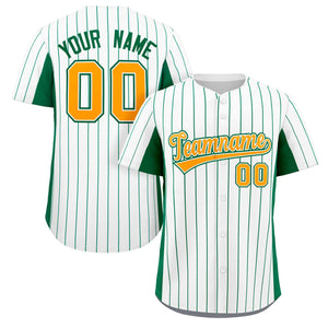 Custom White Kelly Green-Gold Stripe Fashion Design Full Button Authentic Baseball Jersey