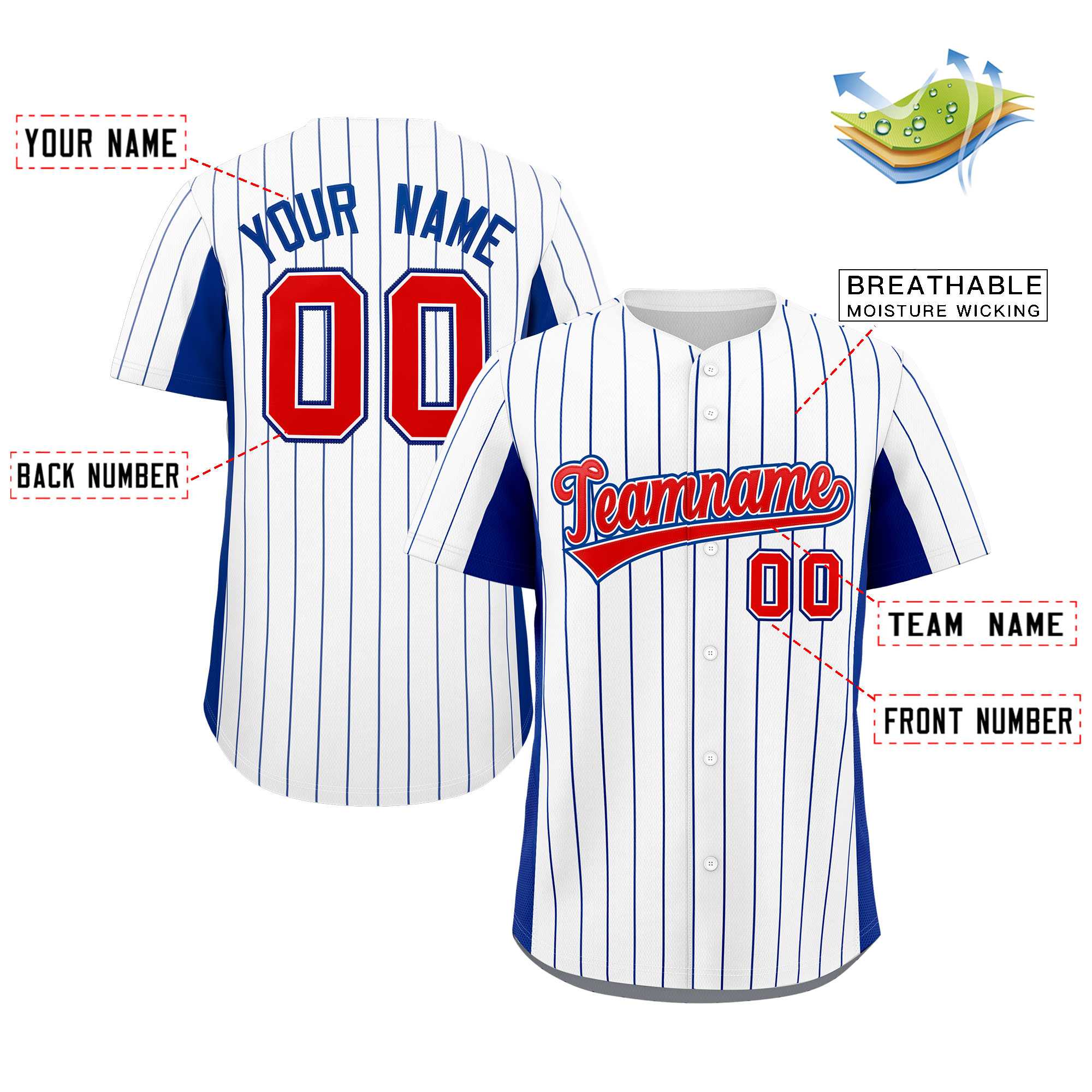 Custom White Royal-Red Stripe Fashion Design Full Button Authentic Baseball Jersey