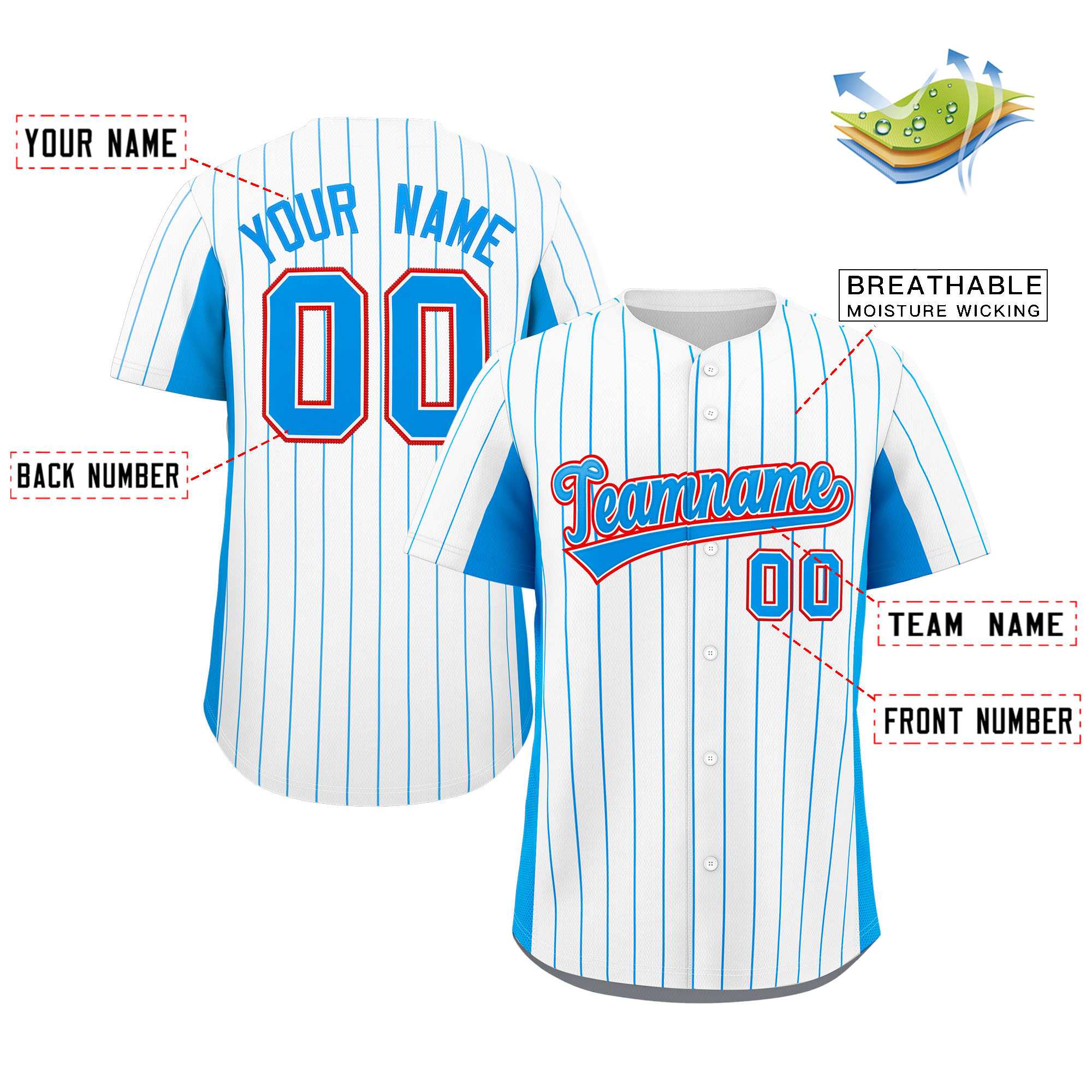 Custom White Powder Blue Stripe Fashion Design Full Button Authentic Baseball Jersey