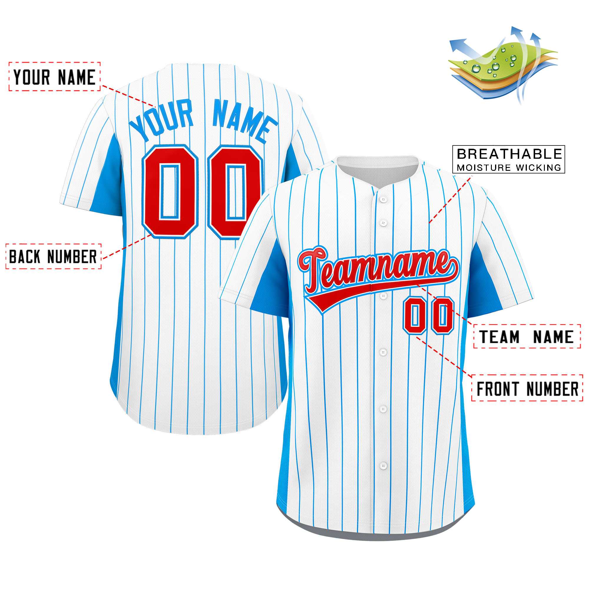 Custom White Powder Blue-Red Stripe Fashion Design Full Button Authentic Baseball Jersey