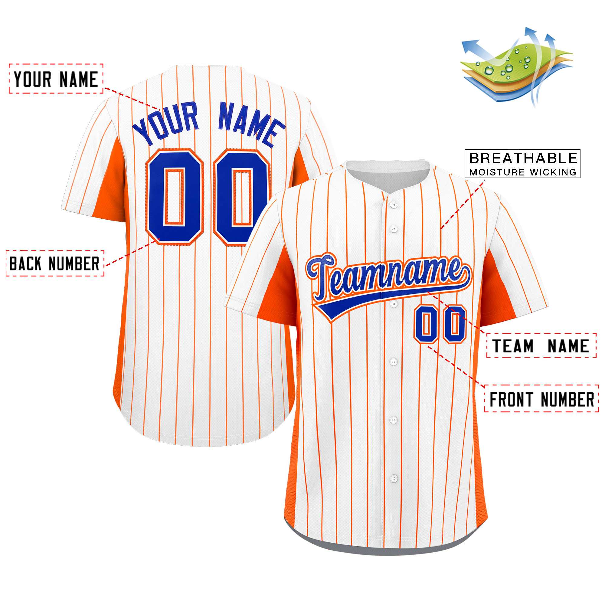 Custom White Orange-Royal Stripe Fashion Design Full Button Authentic Baseball Jersey