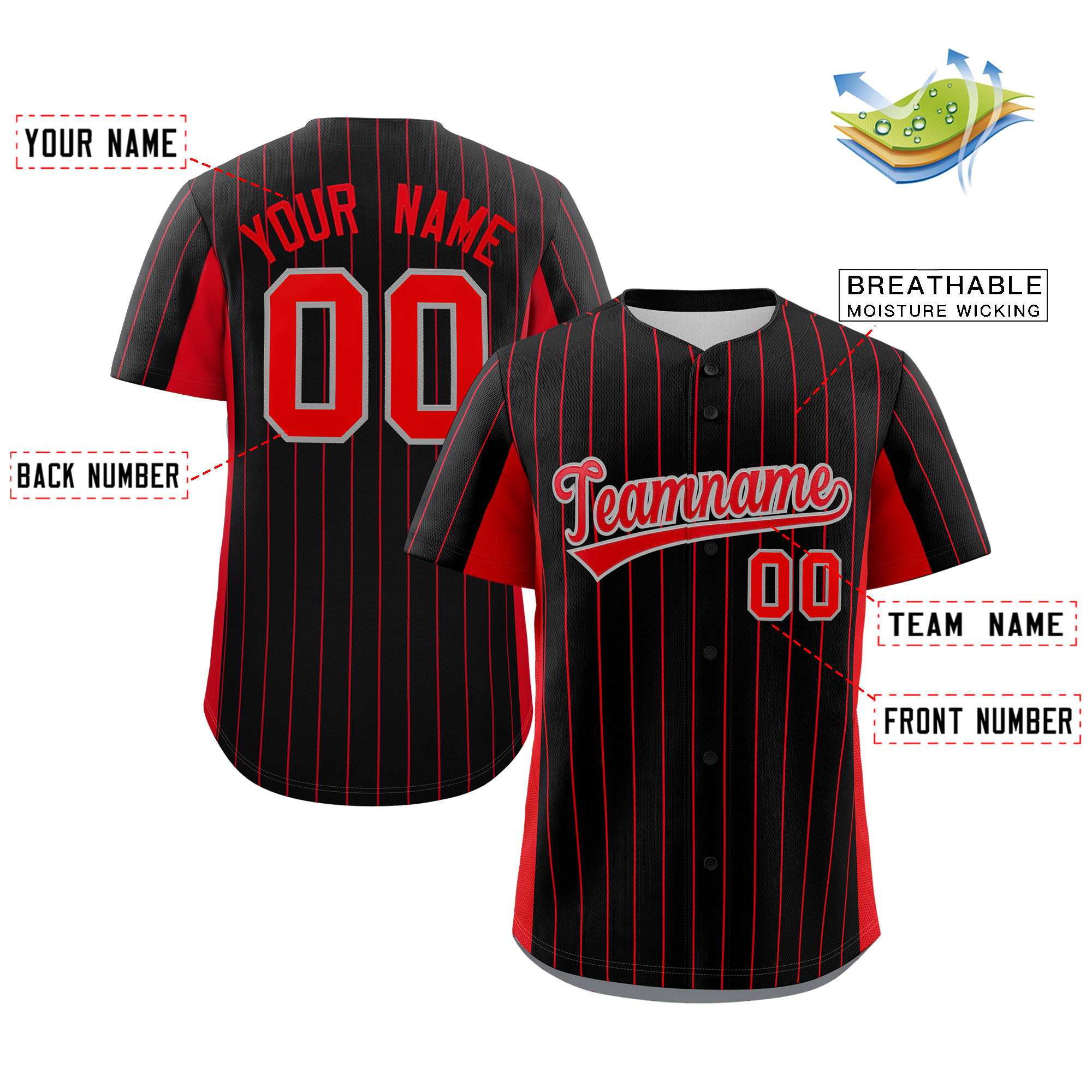 Custom Black Red Stripe Fashion Design Full Button Authentic Baseball Jersey