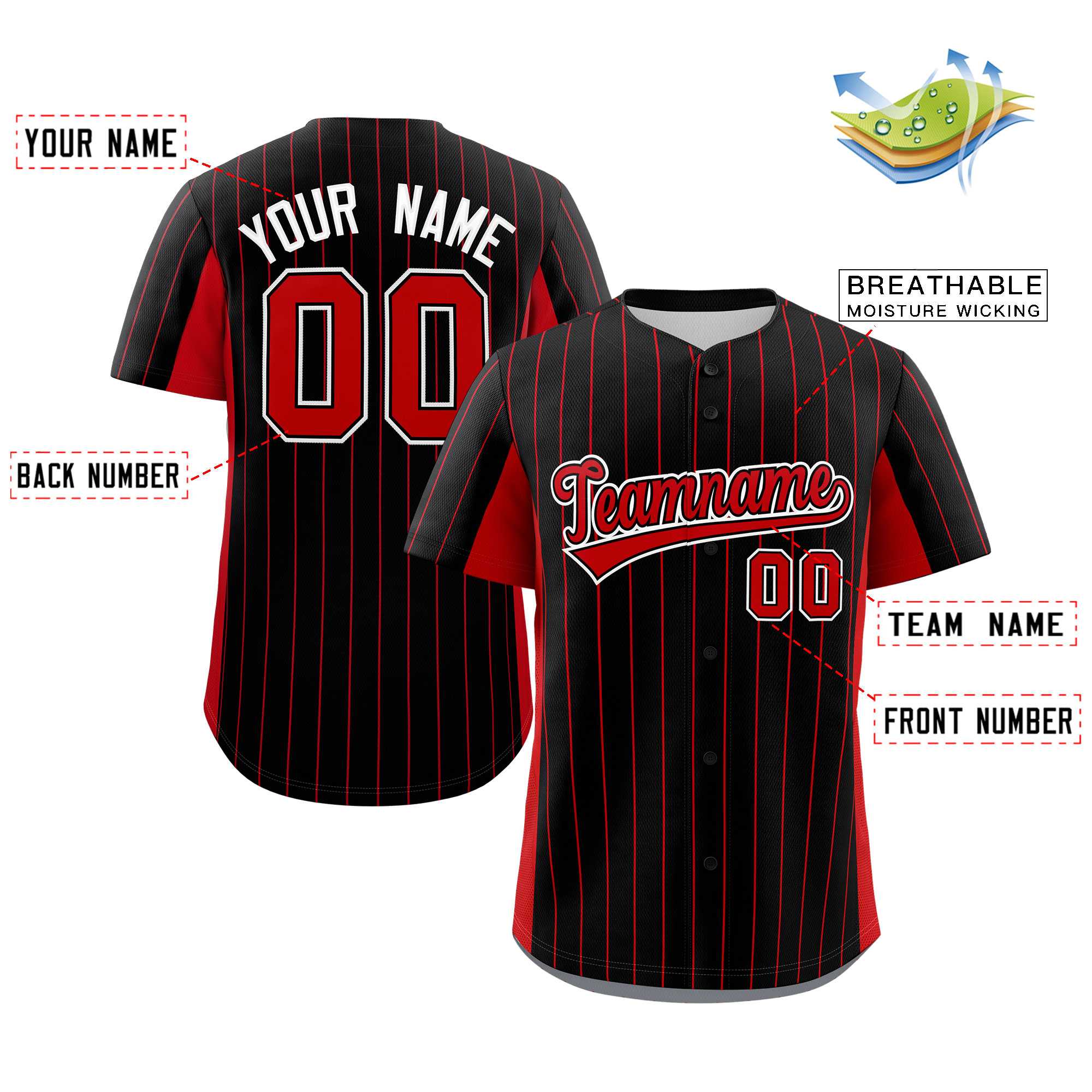 Custom Black Red Stripe Fashion Design Full Button Authentic Baseball Jersey