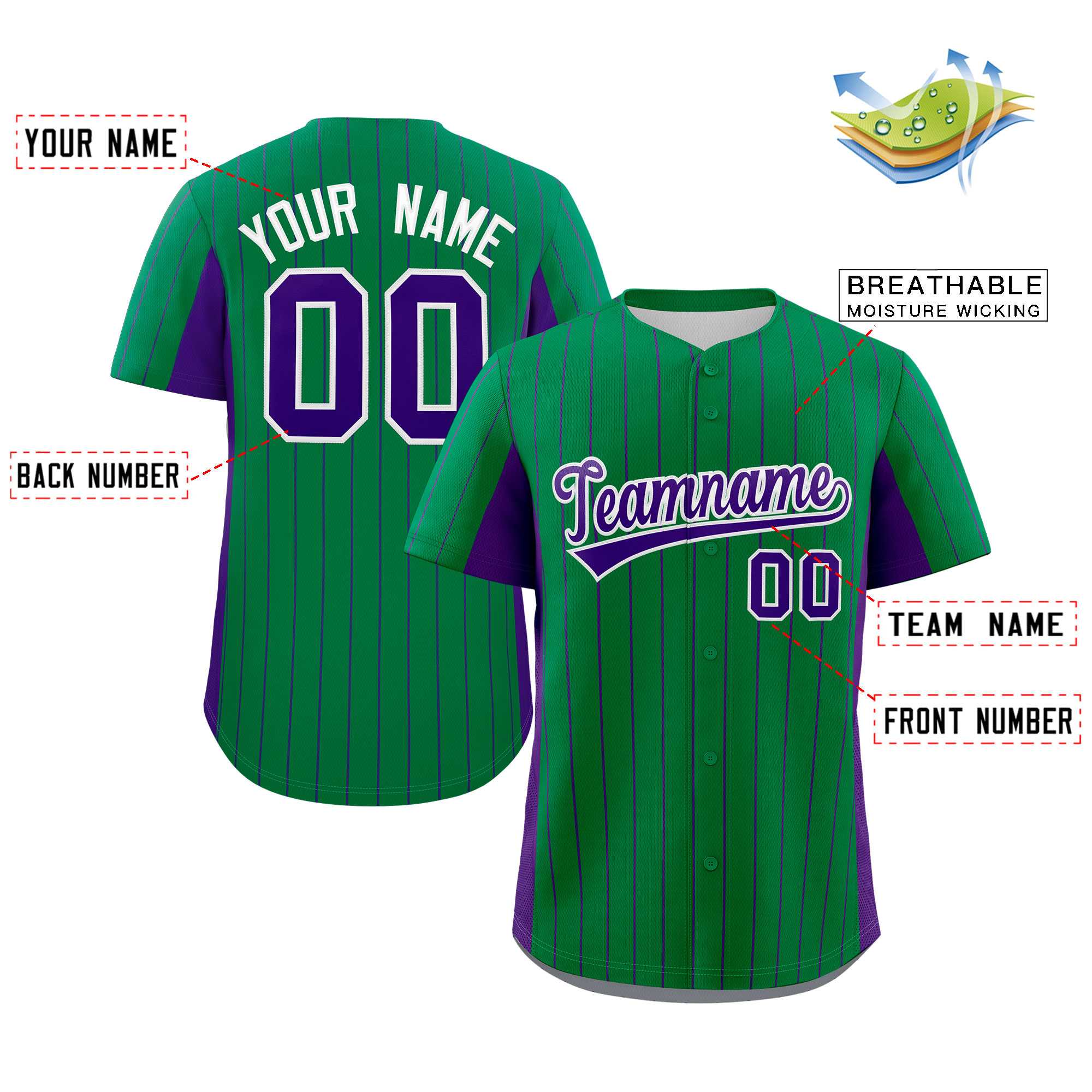 Custom Kelly Green Purple Stripe Fashion Design Full Button Authentic Baseball Jersey