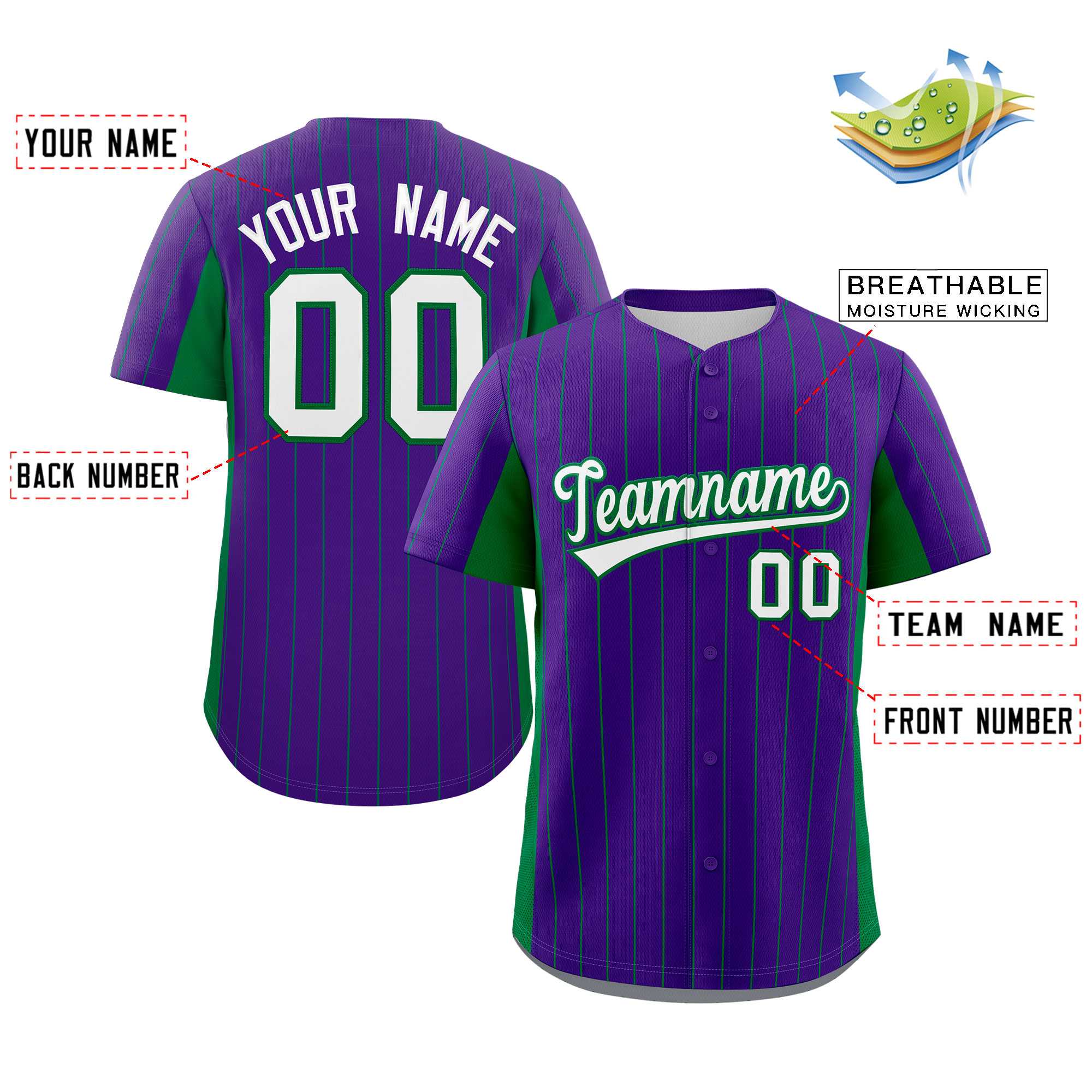 Custom Purple Kelly Green-White Stripe Fashion Design Full Button Authentic Baseball Jersey