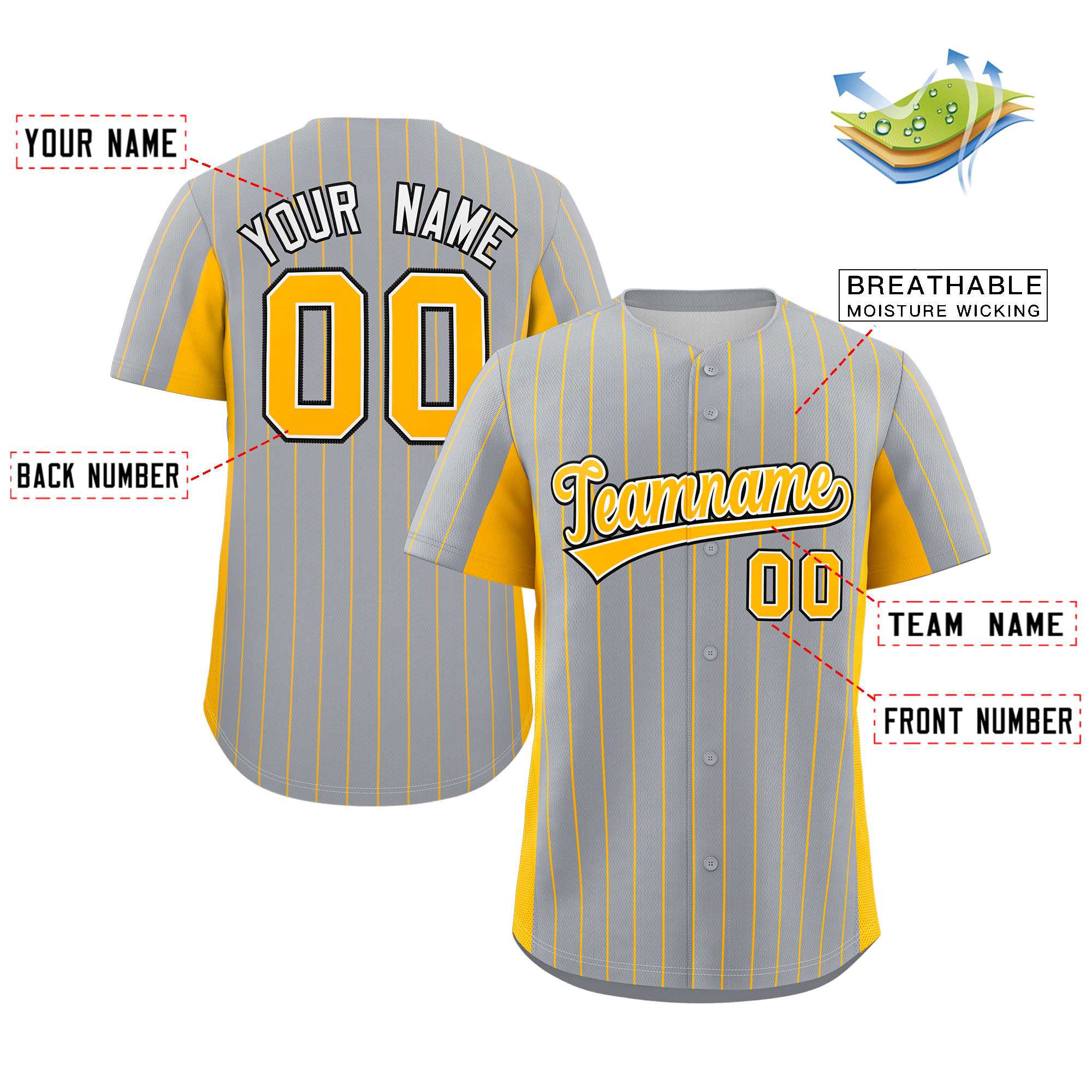 Custom Gray Gold Stripe Fashion Design Full Button Authentic Baseball Jersey