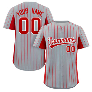 Custom Gray Red Stripe Fashion Design Full Button Authentic Baseball Jersey