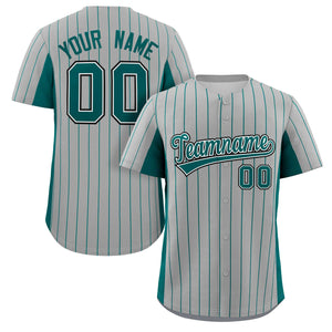 Custom Gray Midnight Green Stripe Fashion Design Full Button Authentic Baseball Jersey