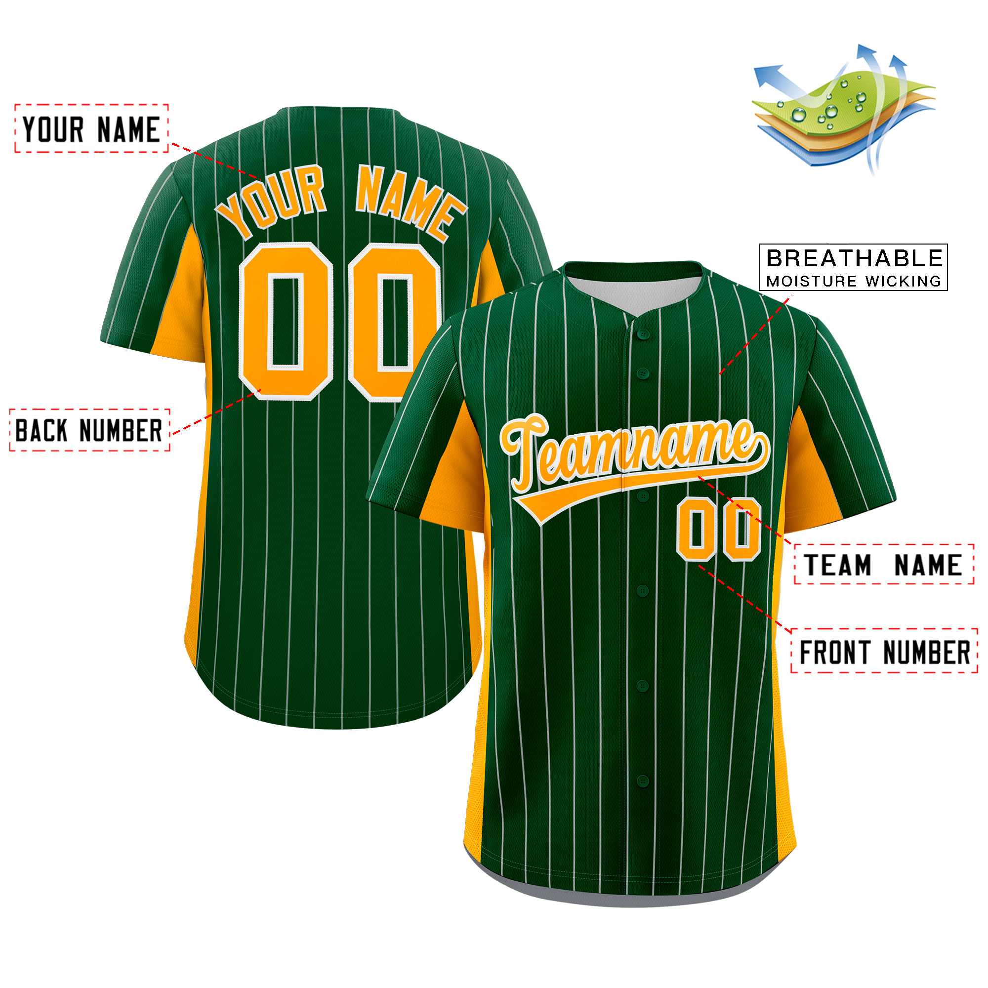 Custom Green Yellow Stripe Fashion Design Full Button Authentic Baseball Jersey