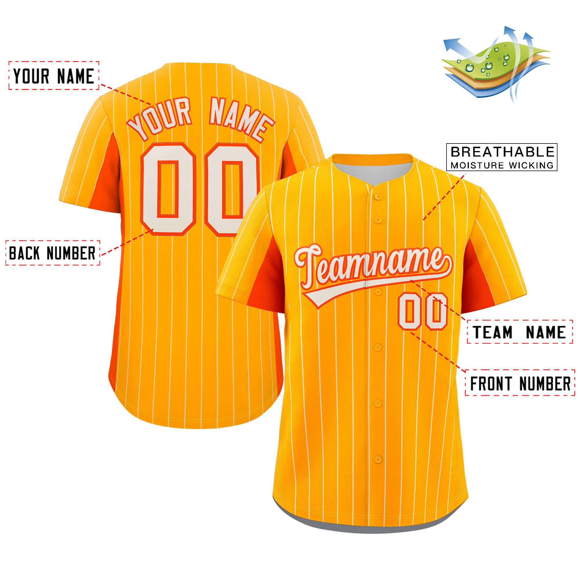 Custom Yellow Orange-Cream Stripe Fashion Design Full Button Authentic Baseball Jersey