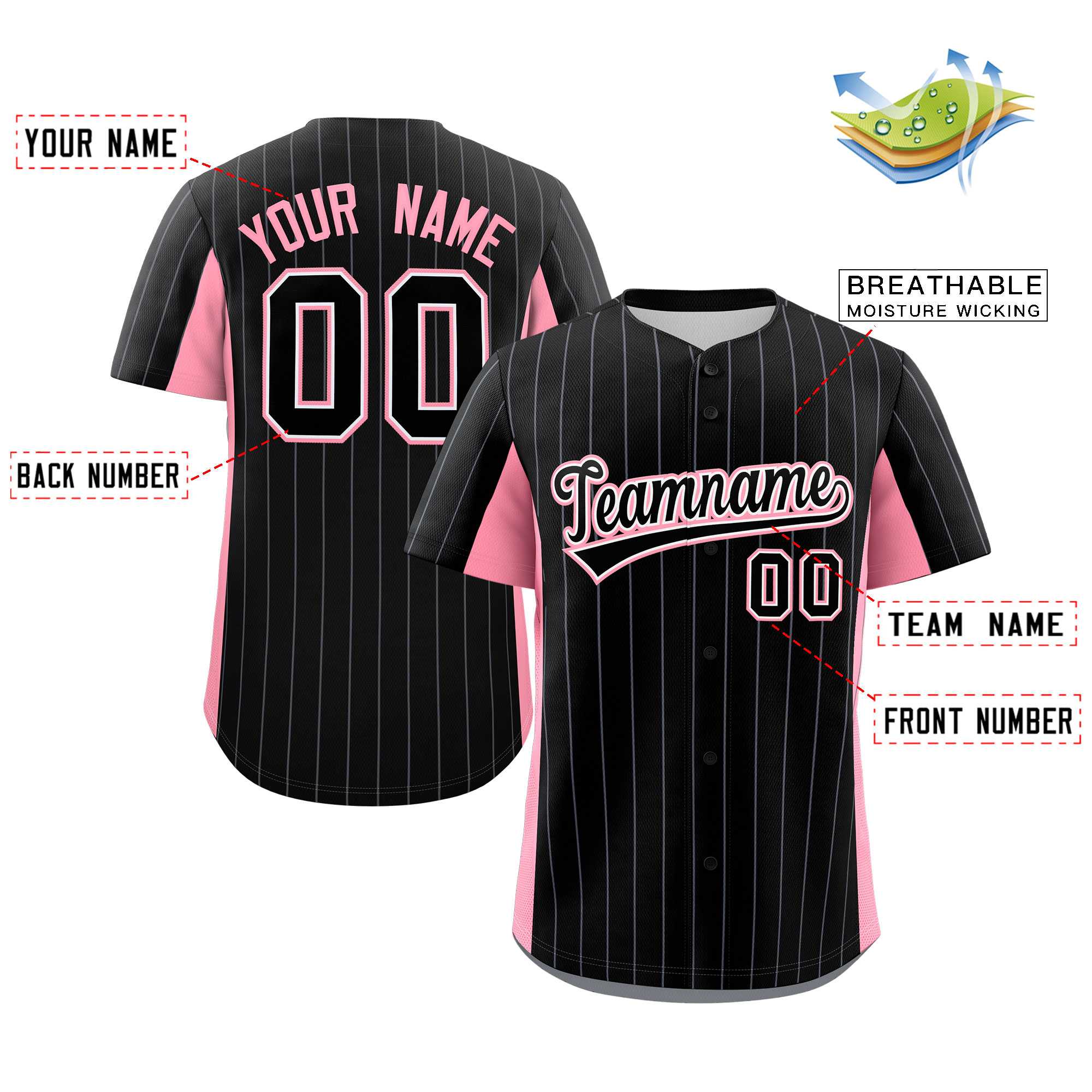 Custom Black Pink Stripe Fashion Design Full Button Authentic Baseball Jersey