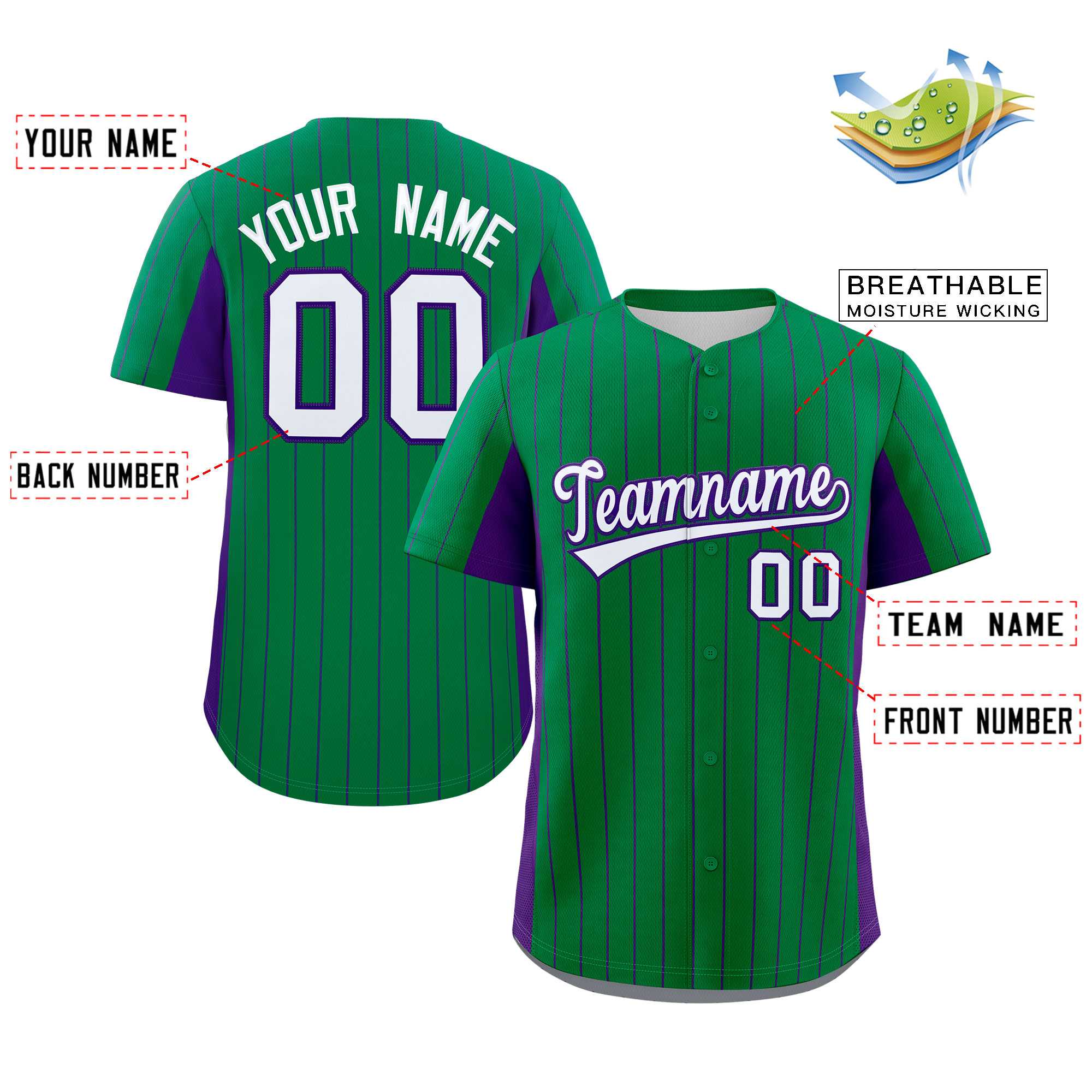 Custom Kelly Green Purple-White Stripe Fashion Design Full Button Authentic Baseball Jersey