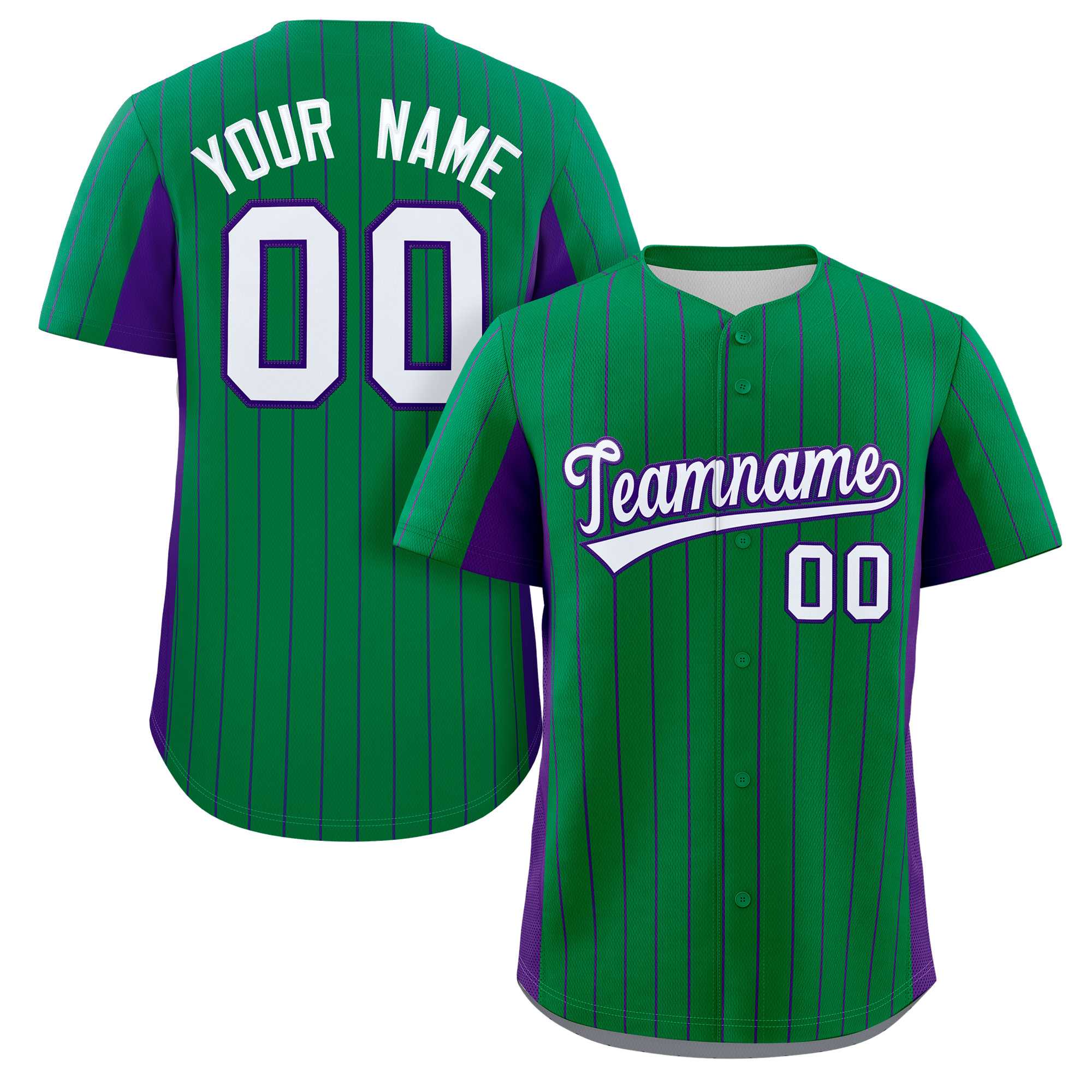 Custom Kelly Green Purple-White Stripe Fashion Design Full Button Authentic Baseball Jersey