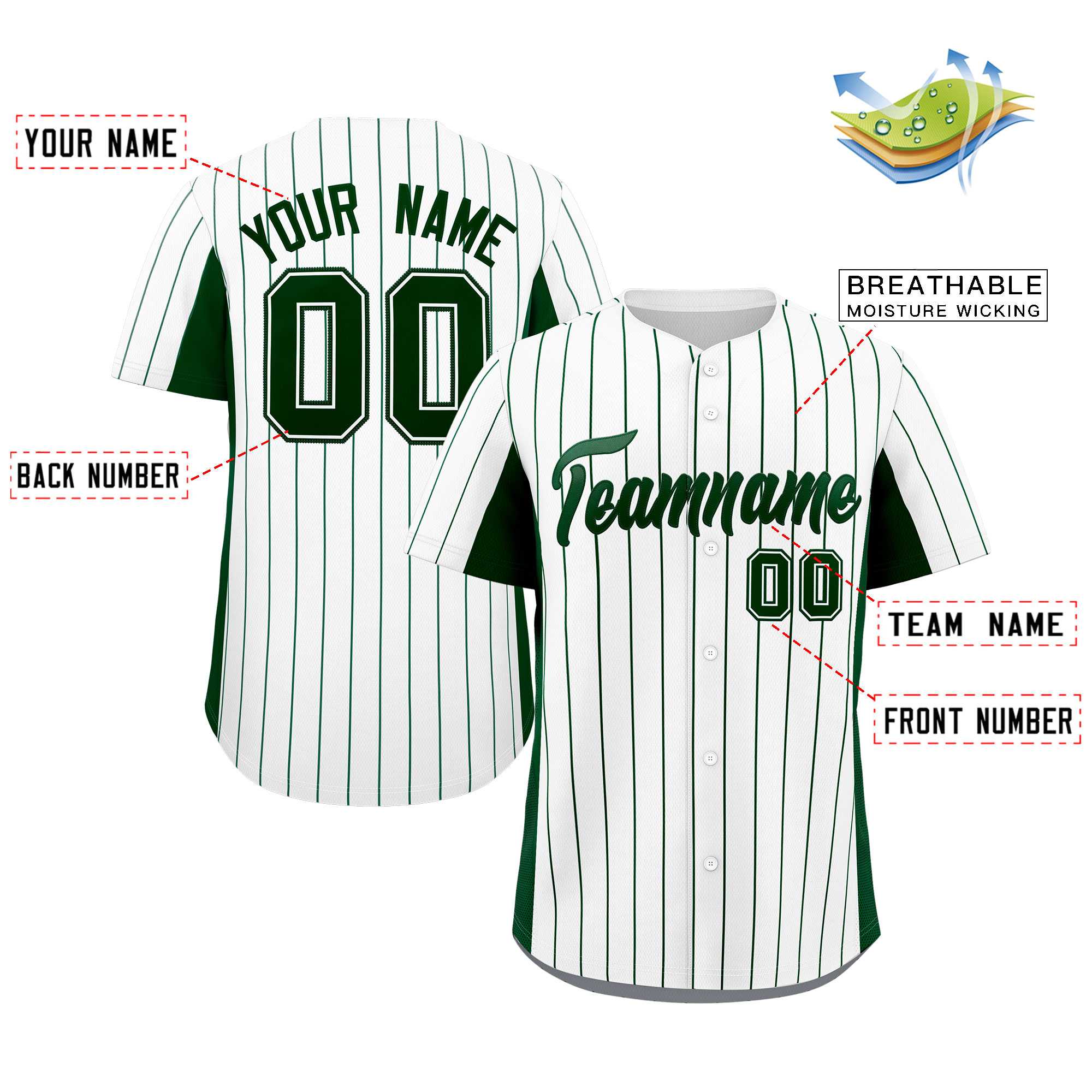 Custom White Green Stripe Fashion Design Full Button Authentic Baseball Jersey