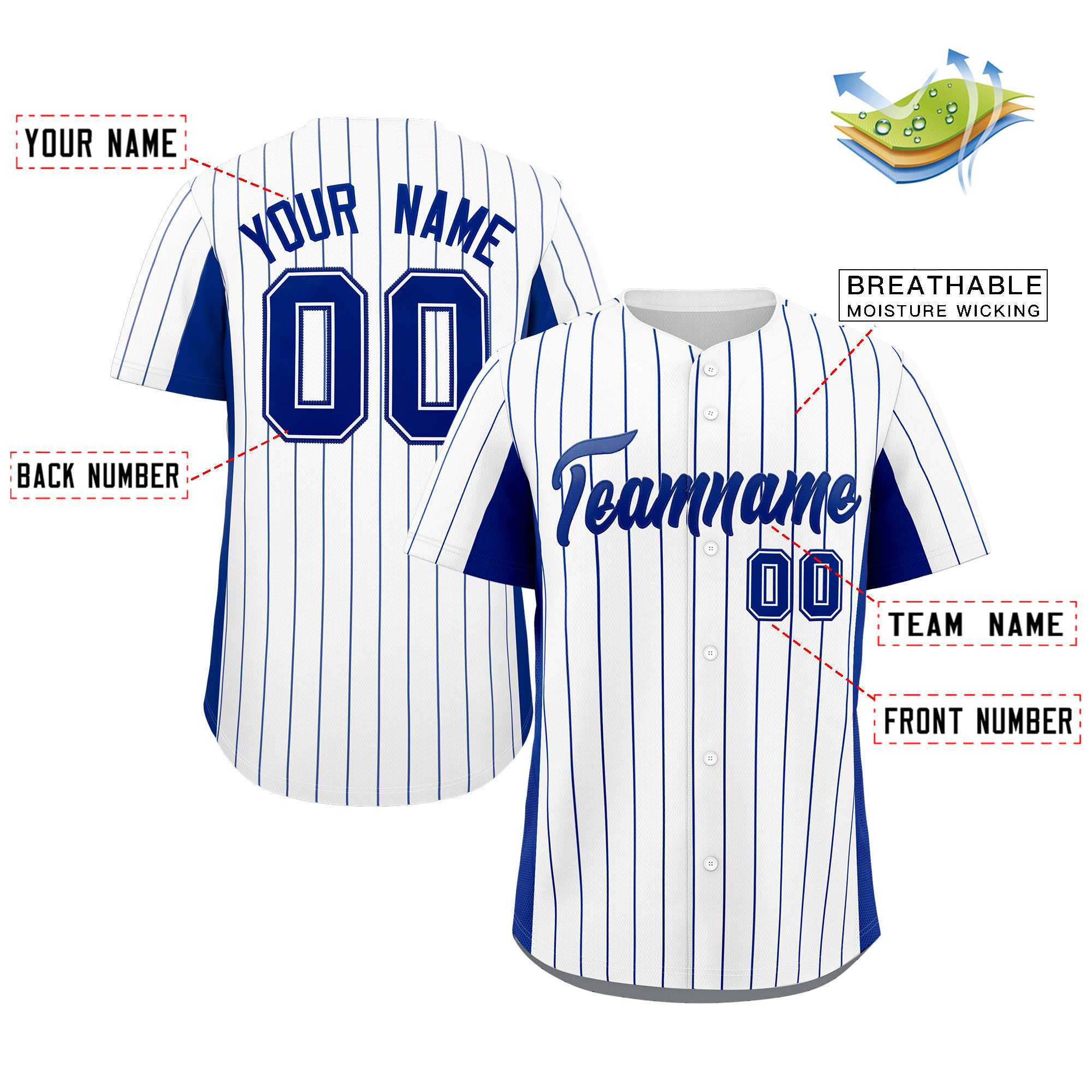 Custom White Royal Stripe Fashion Design Full Button Authentic Baseball Jersey