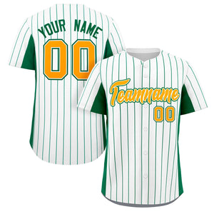 Custom White Kelly Green-Gold Stripe Fashion Design Full Button Authentic Baseball Jersey