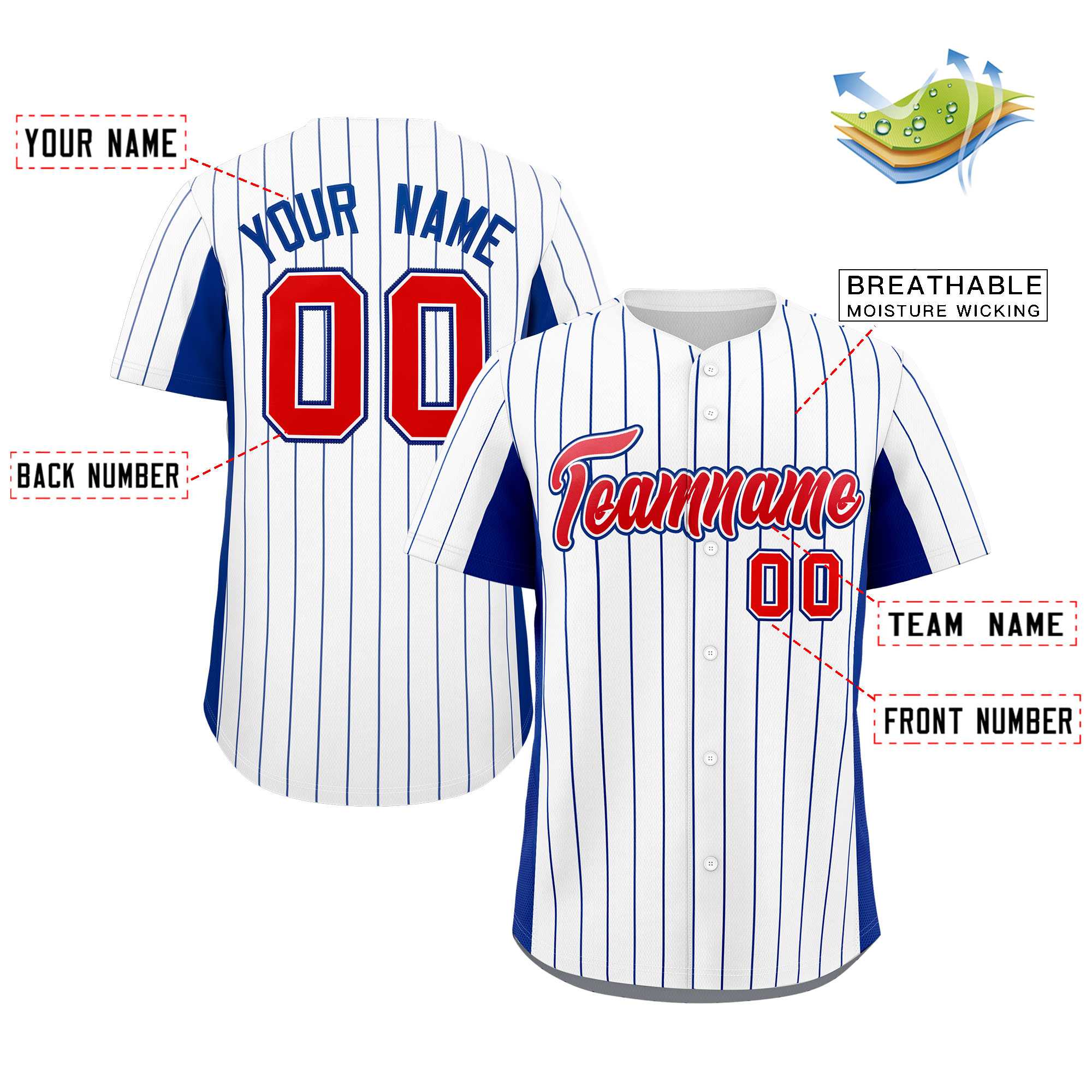 Custom White Royal-Red Stripe Fashion Design Full Button Authentic Baseball Jersey