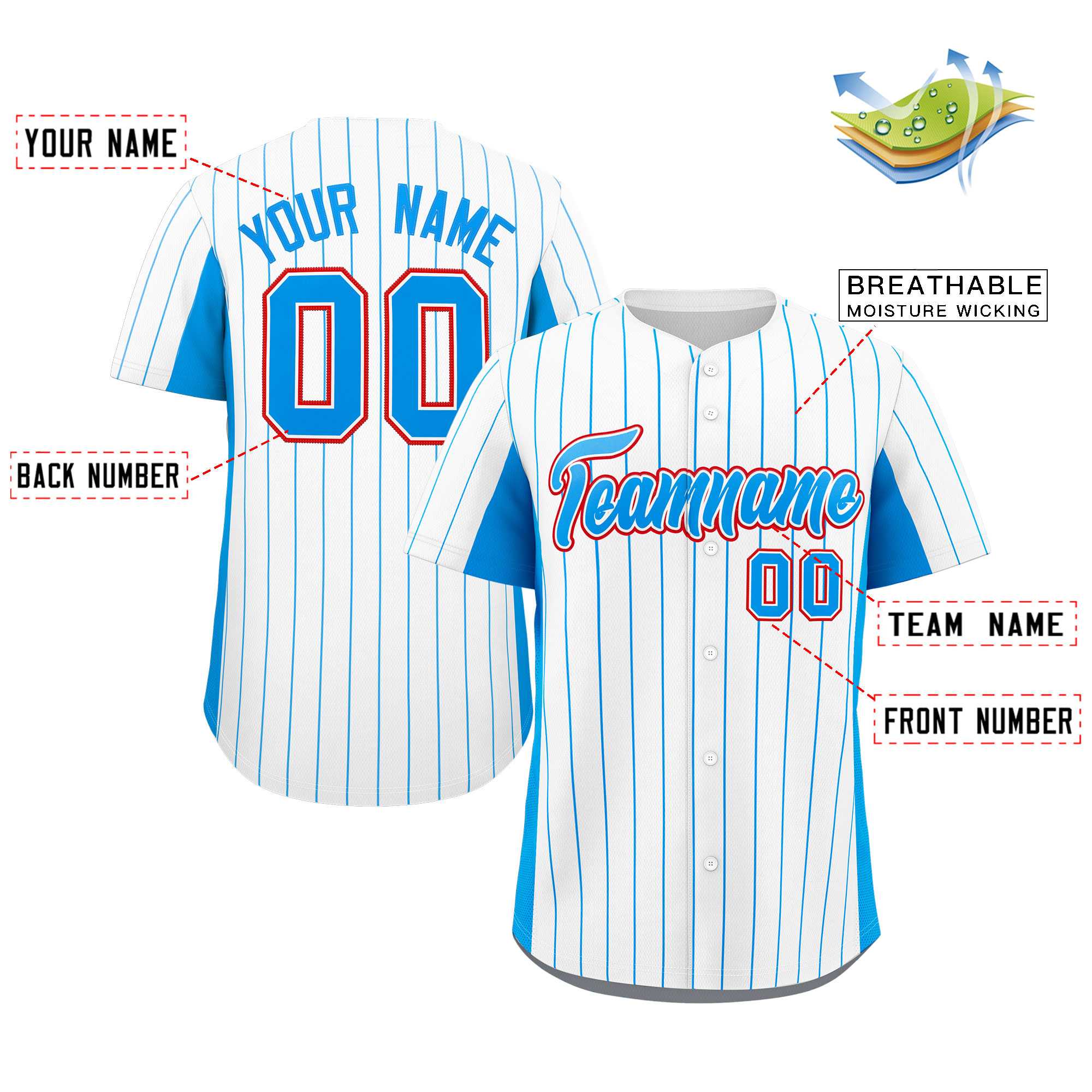 Custom White Powder Blue Stripe Fashion Design Full Button Authentic Baseball Jersey