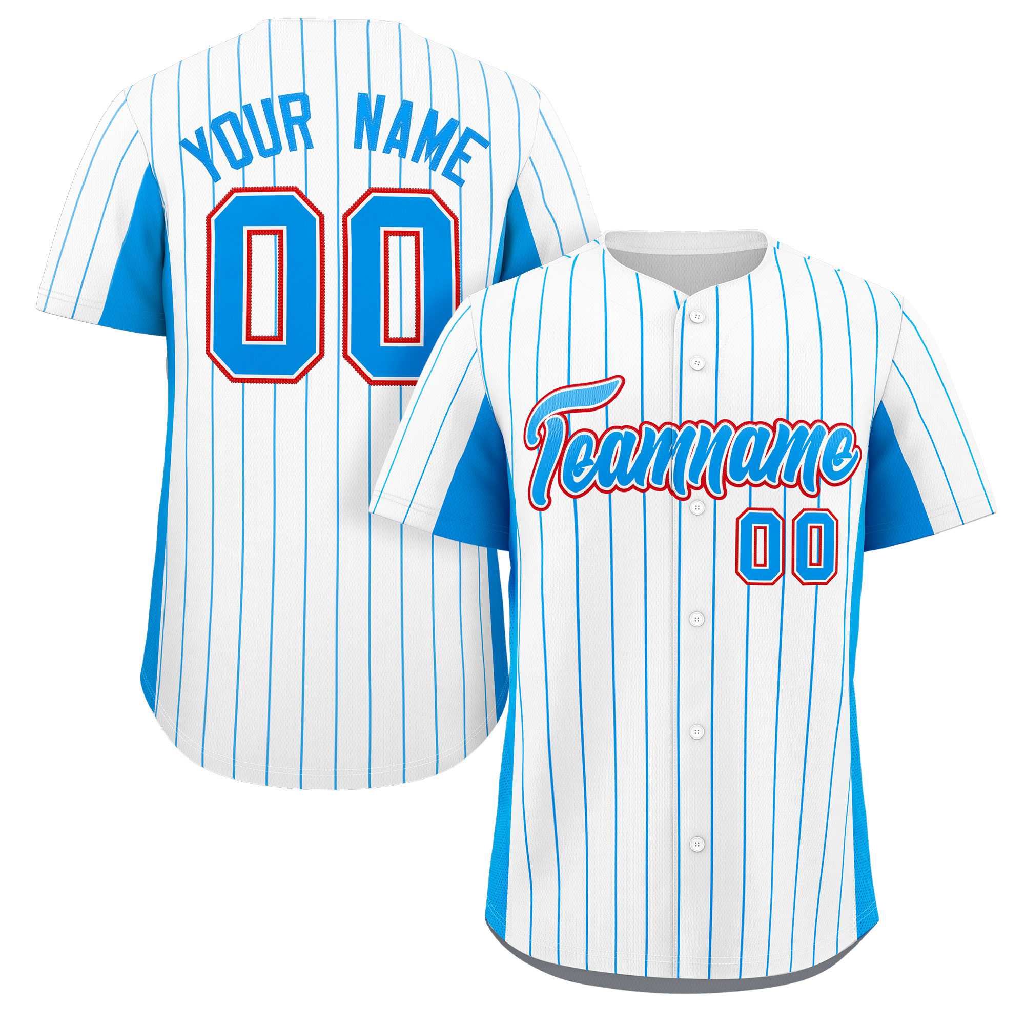 Custom White Powder Blue Stripe Fashion Design Full Button Authentic Baseball Jersey