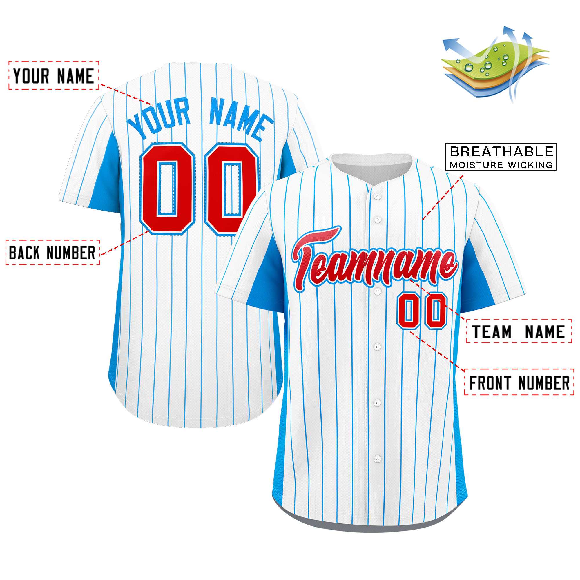 Custom White Powder Blue-Red Stripe Fashion Design Full Button Authentic Baseball Jersey